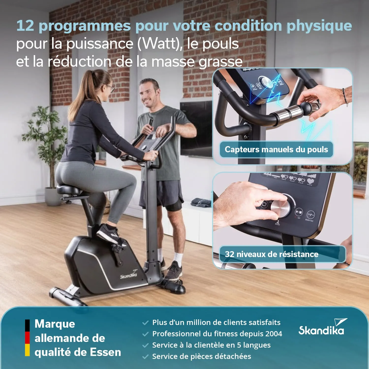 Fitnessgerät steht im Raum, eine Person sitzt und eine andere steht daneben. Display und Bedienelemente sind sichtbar.