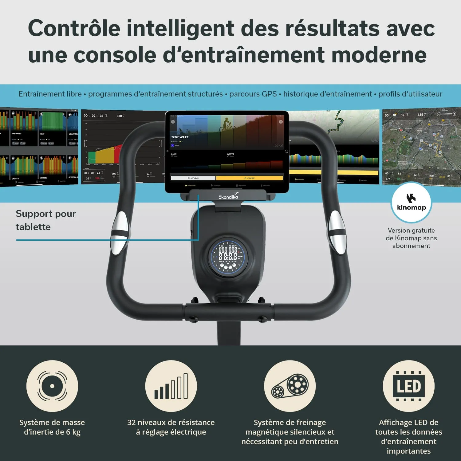 Konsole eines modernen Trainingsgeräts mit Bildschirm, Halterung für Tablet und Anzeige für Trainingsdaten.