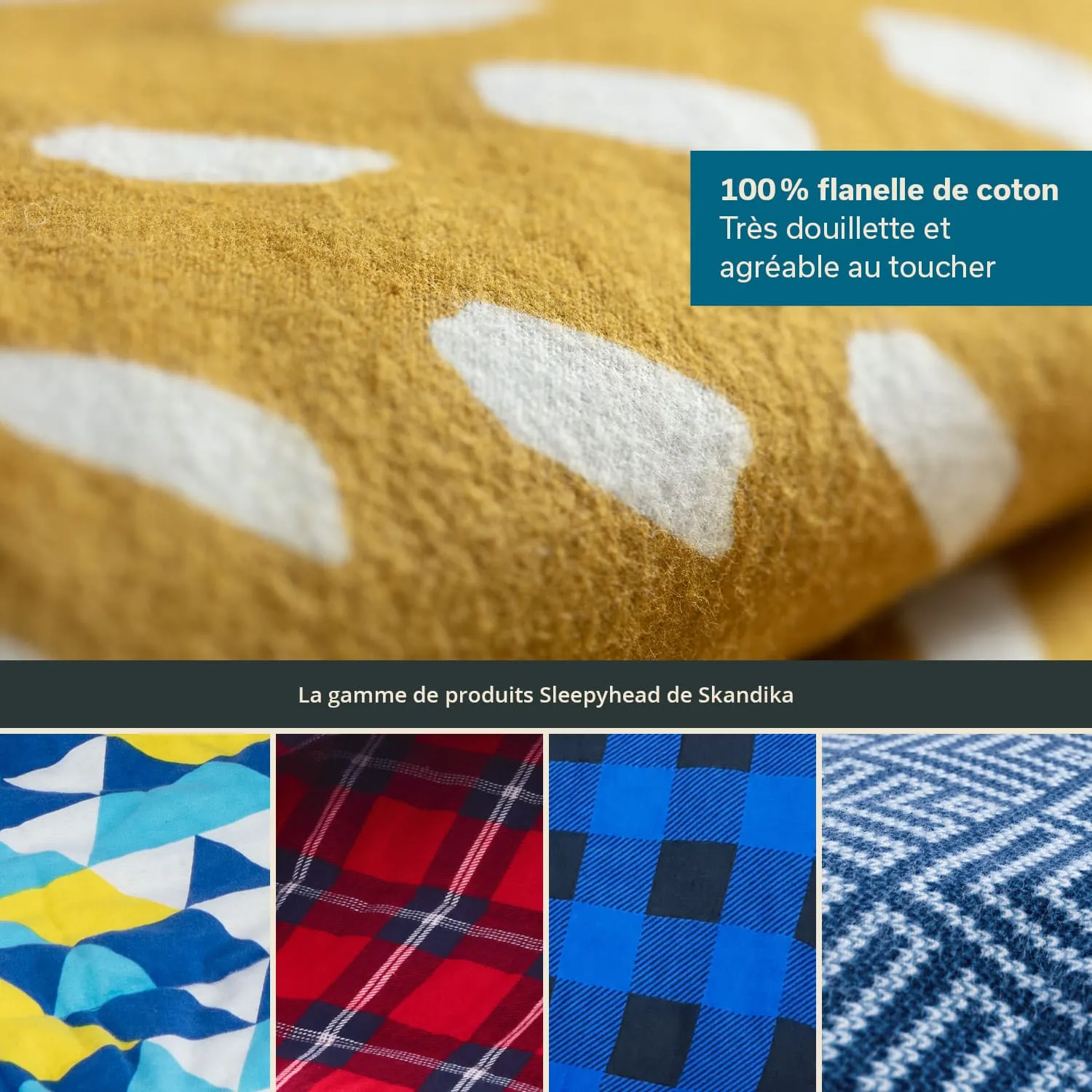 Gelbes Baumwollmaterial mit weißen Mustern und verschiedene Stoffmuster in Blau, Rot und Gelb im Hintergrund.