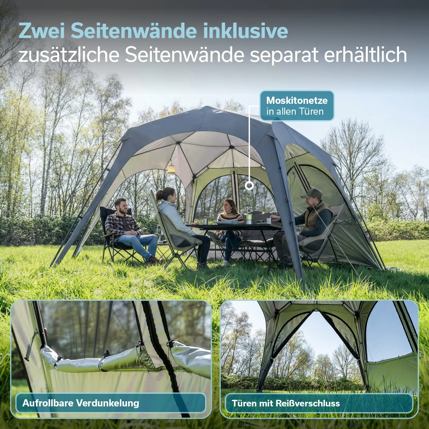 Ein grünes Zelt mit zwei Seitenwänden steht auf einer Wiese. Vier Personen sitzen um einen Tisch, im Hintergrund Bäume. Zusätzliche Informationen zu Moskitonetzen und Verdunkelung sind abgebildet.