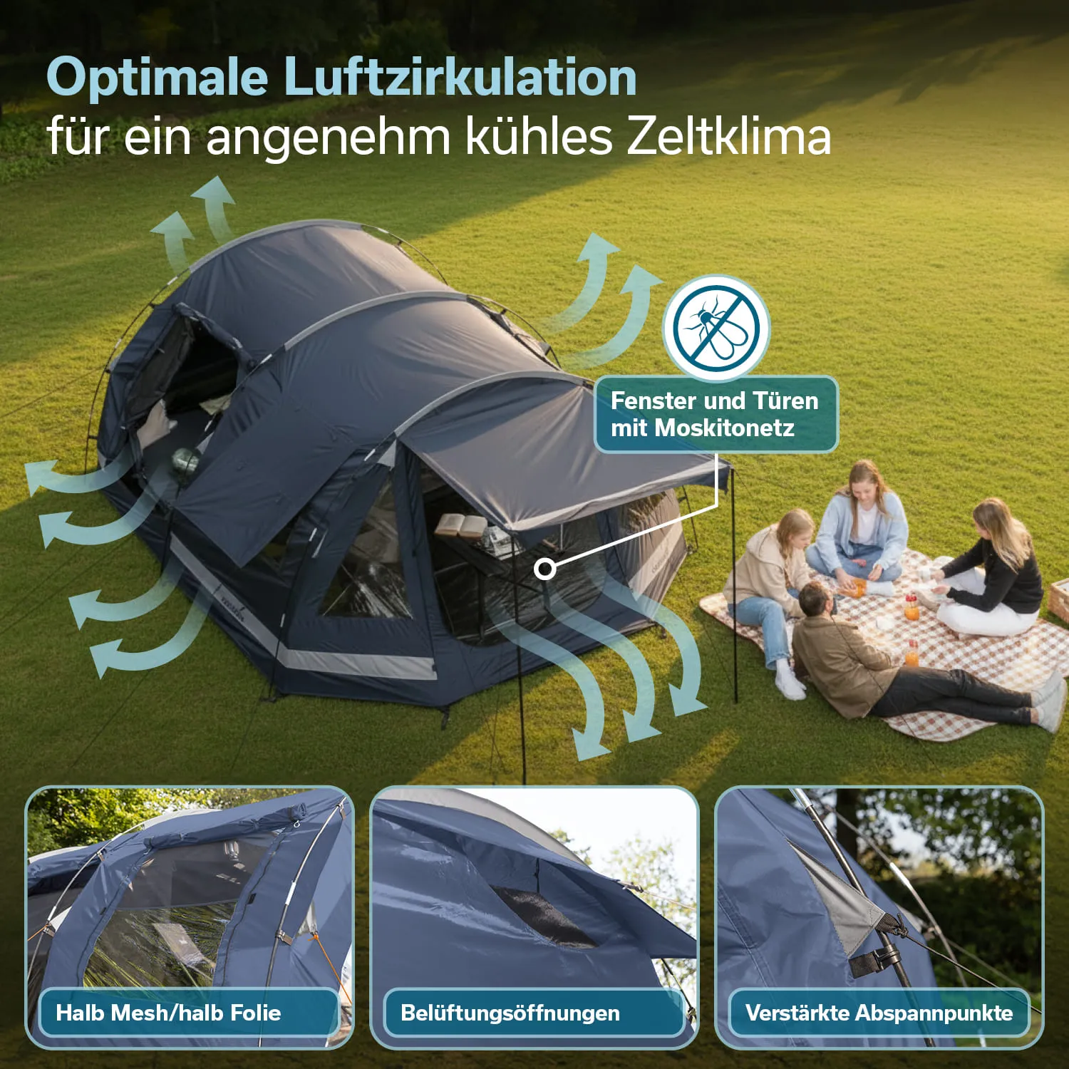 Zelt auf Wiese mit Menschen beim Picknick. Grafische Elemente zeigen Luftzirkulation und Details zu Fenstern und Abspannpunkten.