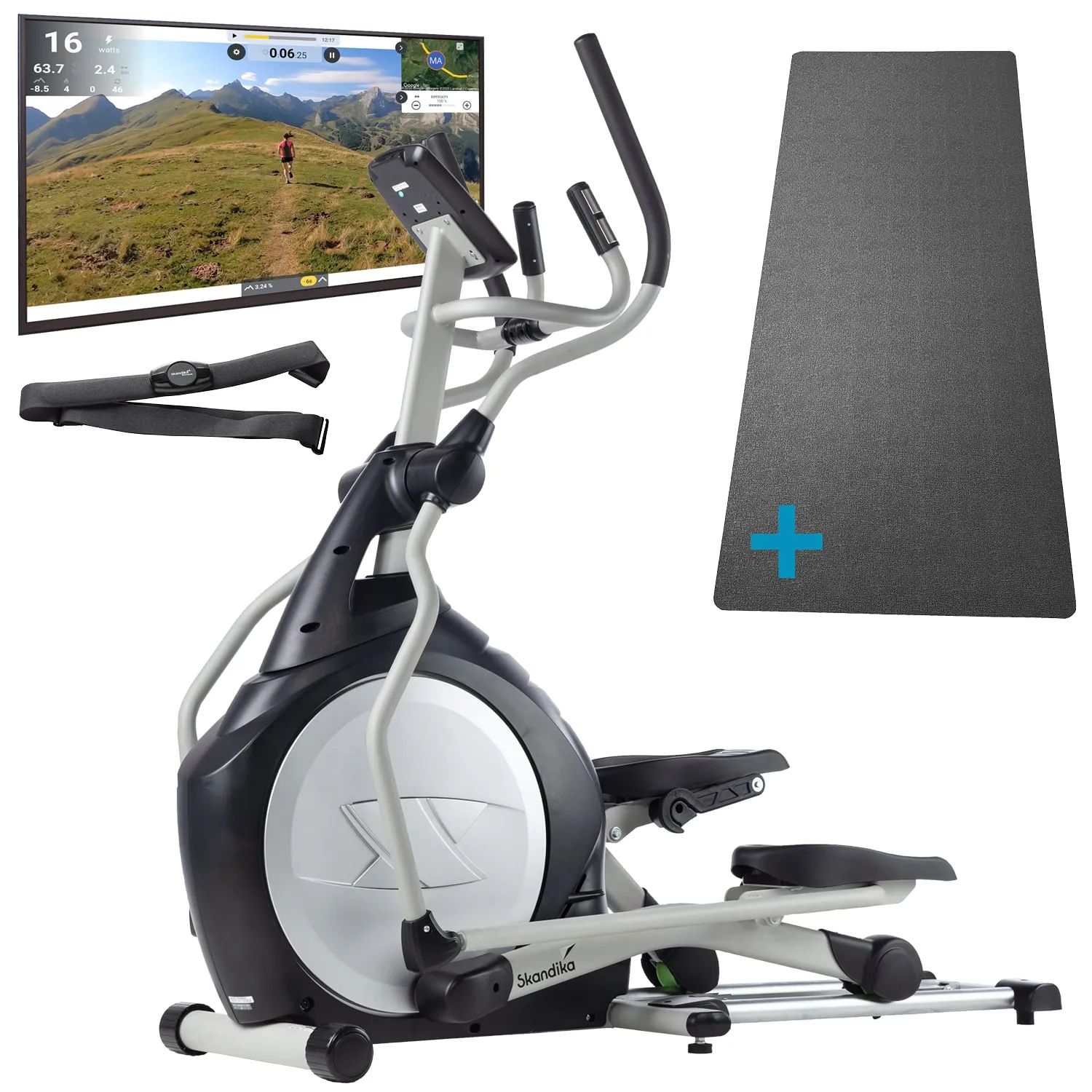 Ellipsentrainer mit Bildschirm, Fitnessgurt und Yogamatte auf weißem Hintergrund. Der Bildschirm zeigt eine Landschaft.