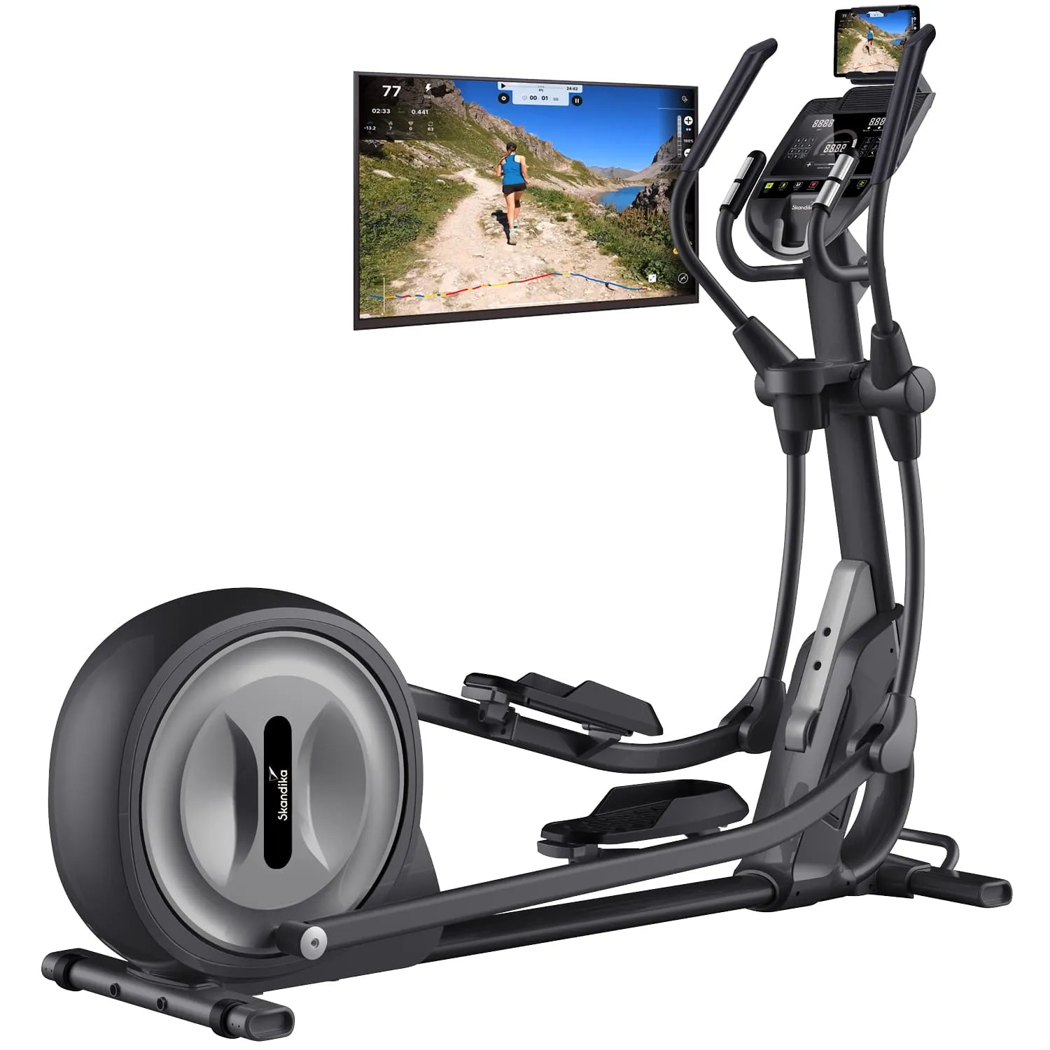 Ellipsentrainer mit einem Bildschirm, der eine Laufstrecke zeigt. Der Trainer hat Pedale und Handgriffe.