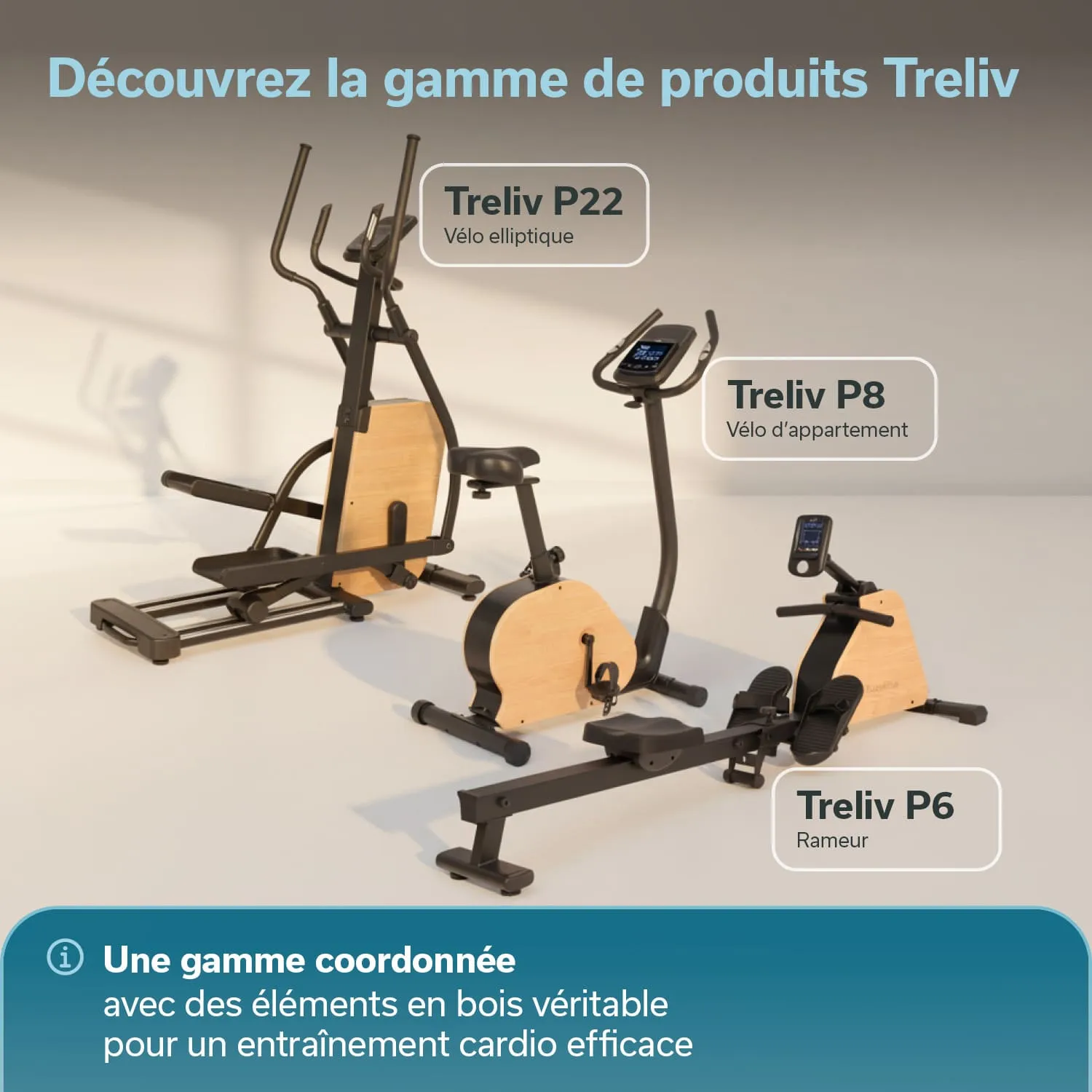 Drei Fitnessgeräte stehen auf einem hellen Untergrund: ein Ellipsentrainer links, ein Heimtrainer in der Mitte und ein Rudergerät rechts. Jedes Gerät hat Elemente aus Holz.