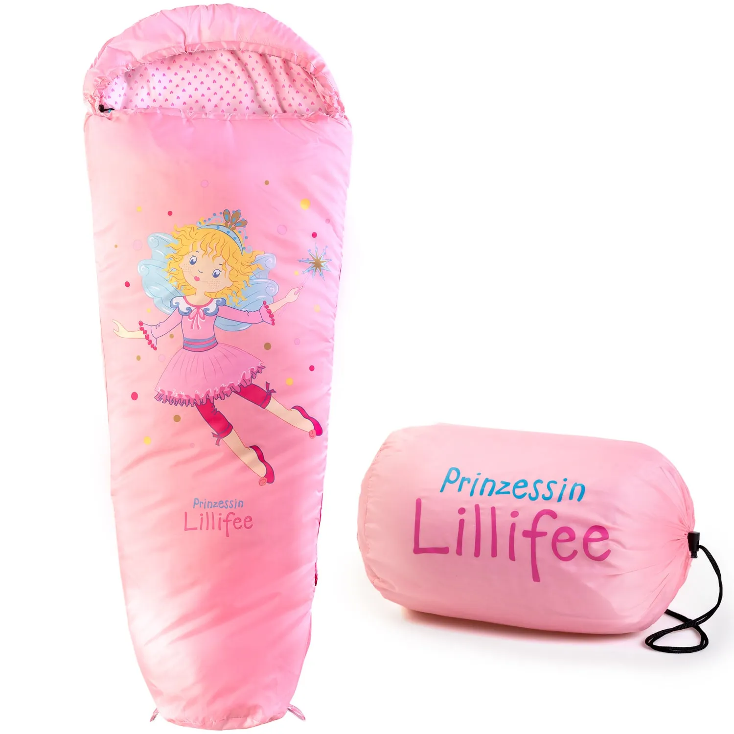 Schlafsack in Pink mit einer Prinzessin und bunten Punkten. Daneben ein zusammengepackter Schlafsack in der gleichen Farbe.