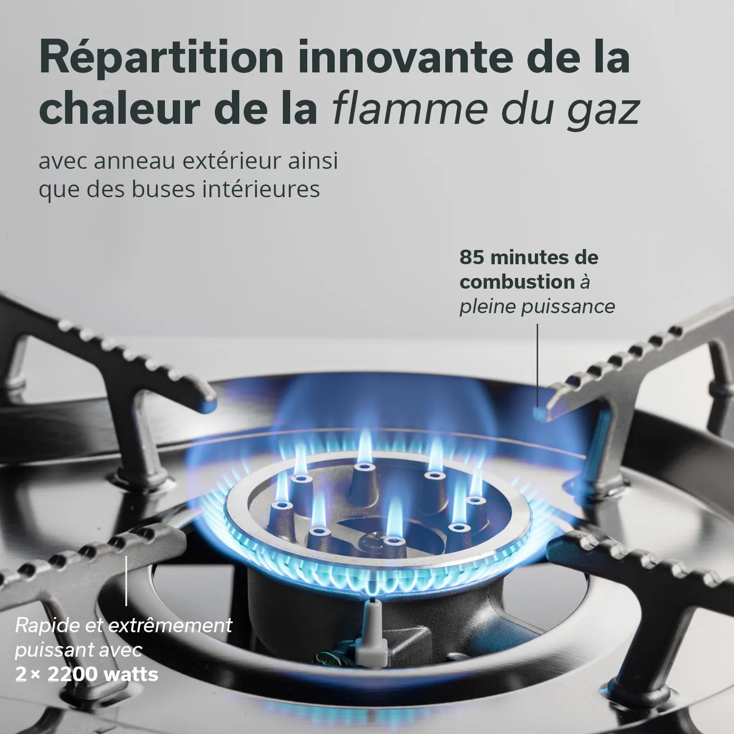 Gasherd mit blauer Flame. Text beschreibt innovative Wärmeverteilung, Brenndauer und Leistung des Geräts.