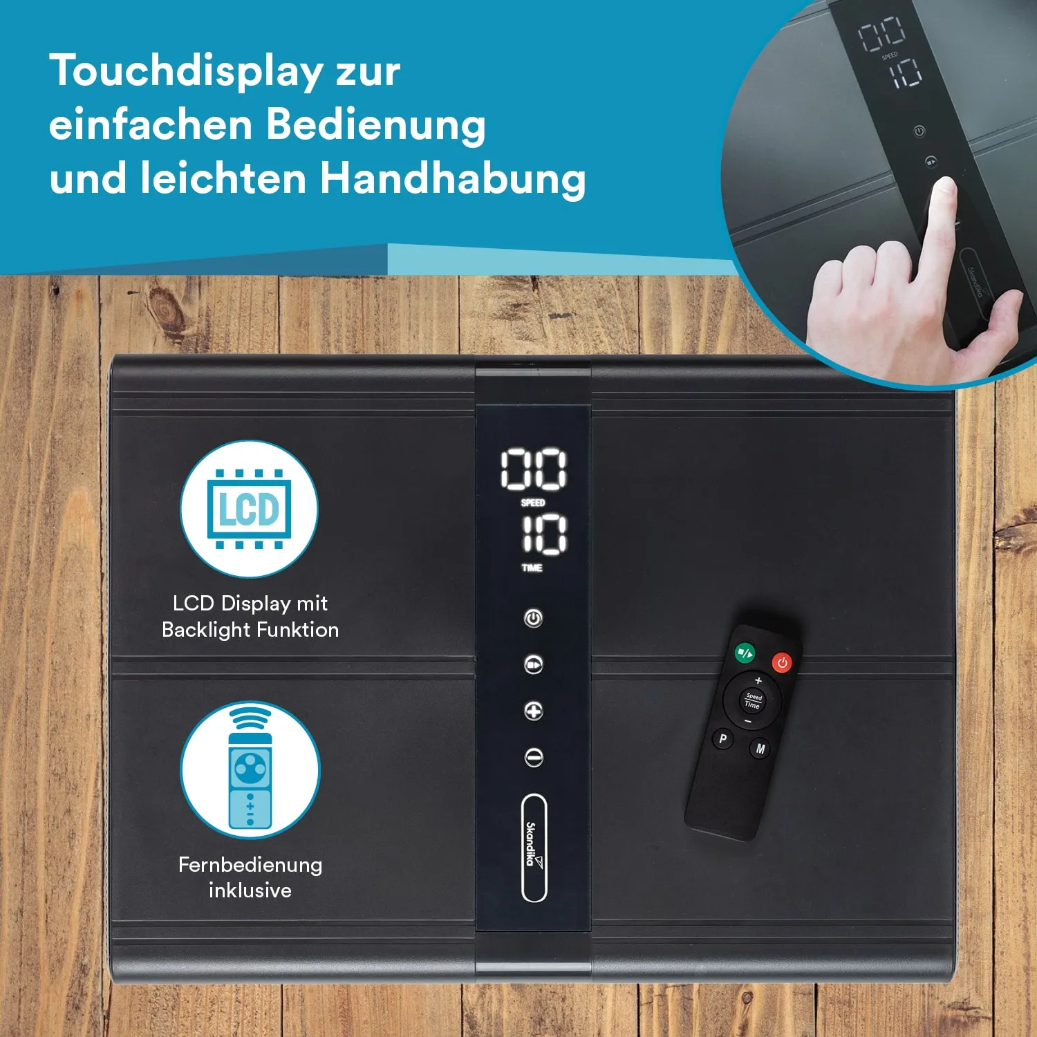 Ein schwarzes Gerät mit Touchdisplay und Fernbedienung. Display zeigt Zahlen für Geschwindigkeit und Zeit an.