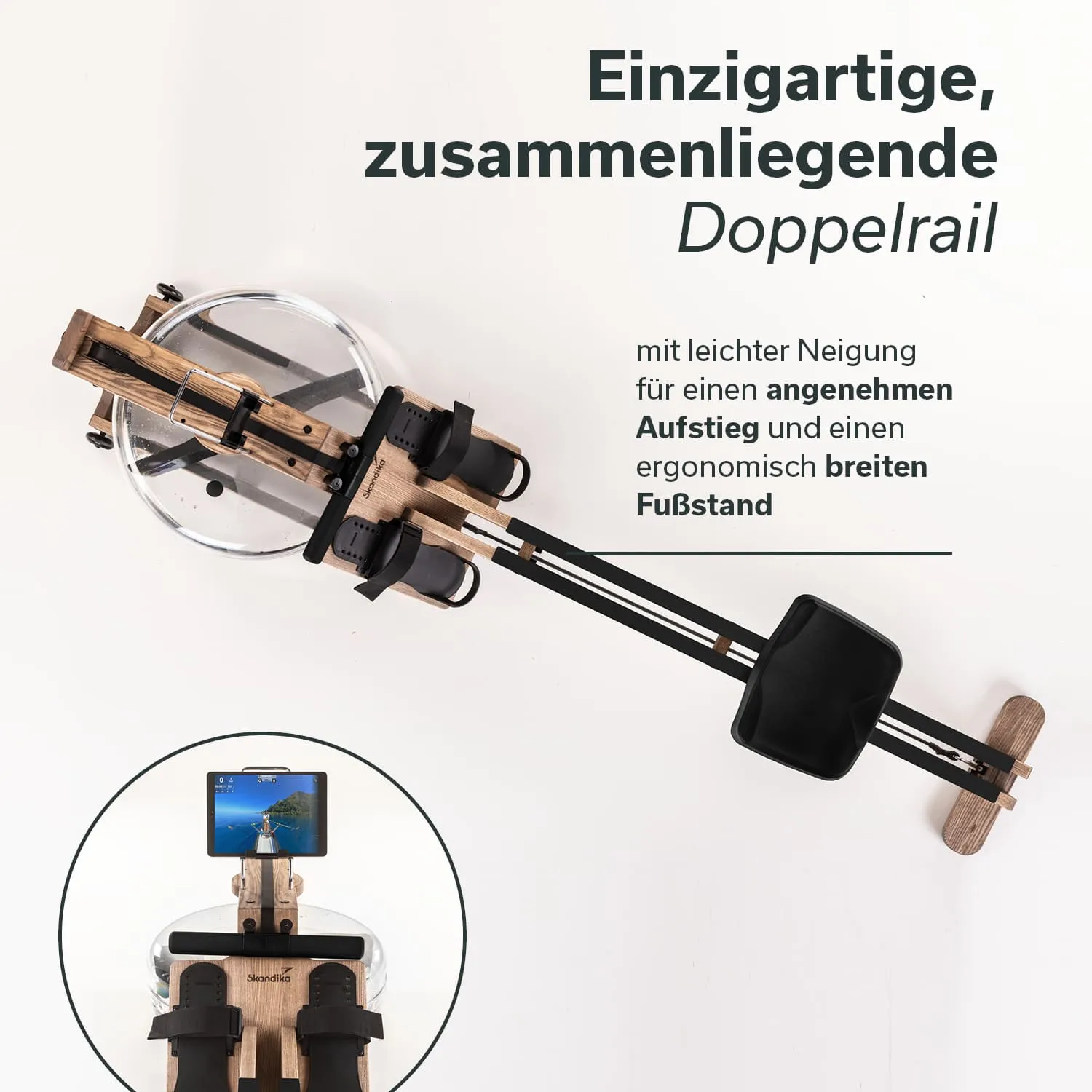 Rudergerät mit transparentem Wasserbehälter, Holzrahmen, zwei Fußhaltungen und verstellbaren Riemen. Smartphone-Halterung vorhanden.