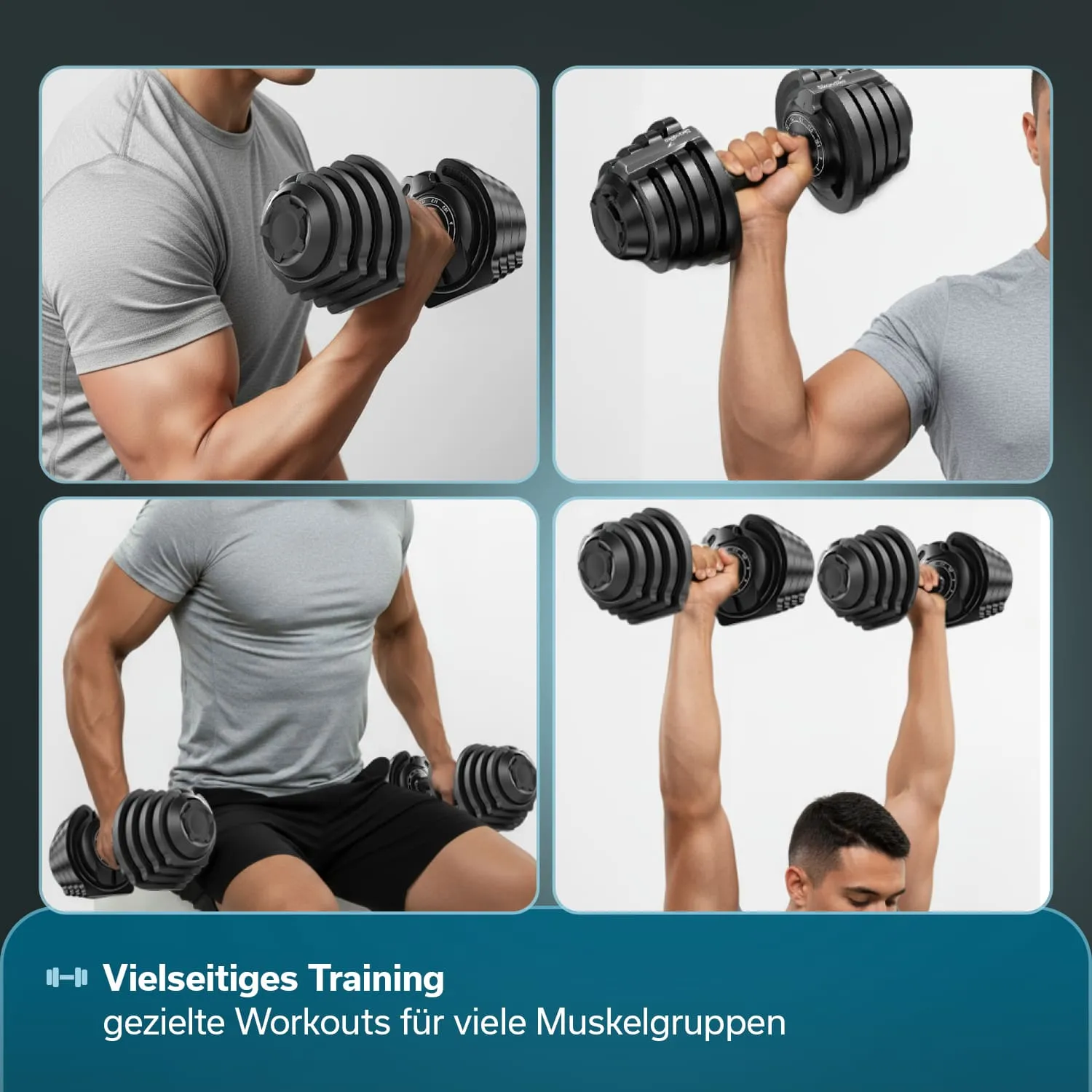 Vier Bilder von Personen, die Hanteln heben oder halten. Oben links und rechts eine Person an einem Armtraining, unten links mit zwei Hanteln im Sitzen, unten rechts eine Person hebt zwei Hanteln über den Kopf.