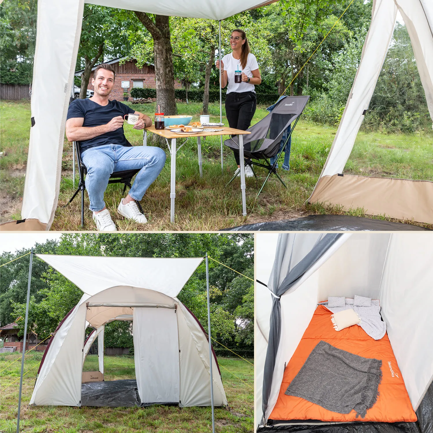Zelt im Freien mit zwei Personen, Tisch, Stühlen und Snacks. Innenansicht mit Schlafplatz im Zelt.