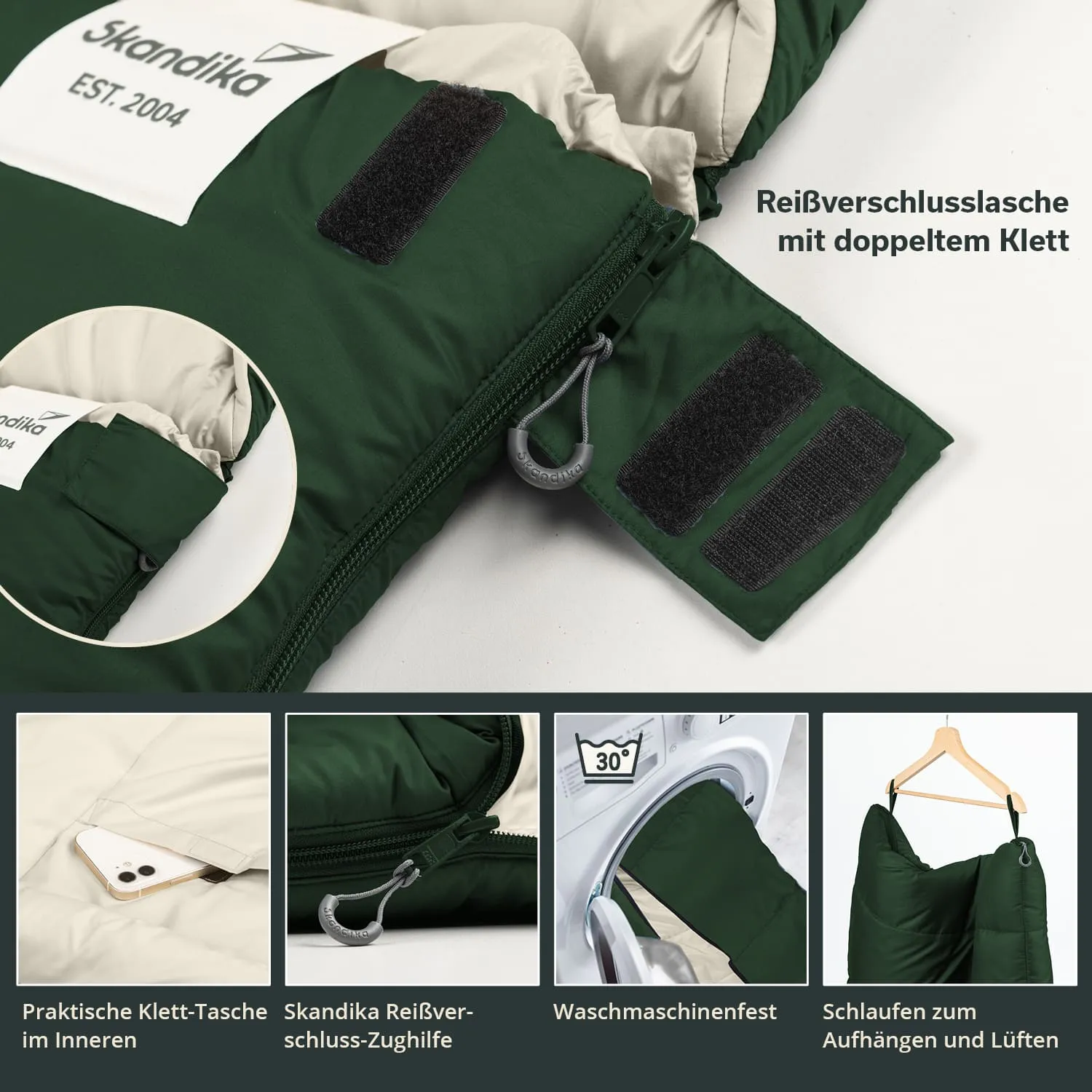 Grüner Schlafsack mit Reißverschluss und Klettverschluss. Textilien dezentral, Darstellungen von Funktionen eingeblendet.