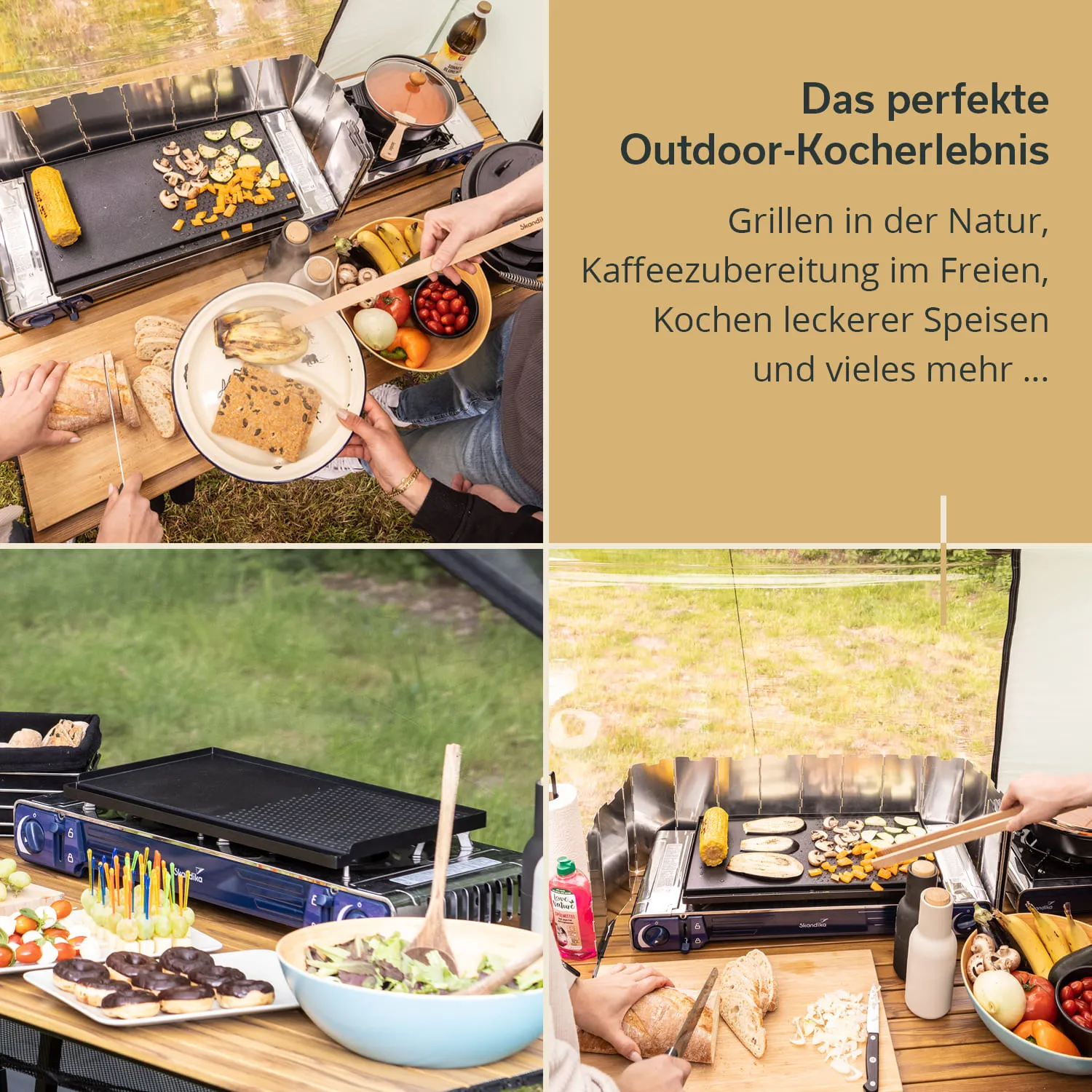 Grillstation im Freien mit gegrilltem Gemüse, Brot und einer Schüssel Salat. Hände greifen nach Essen.
