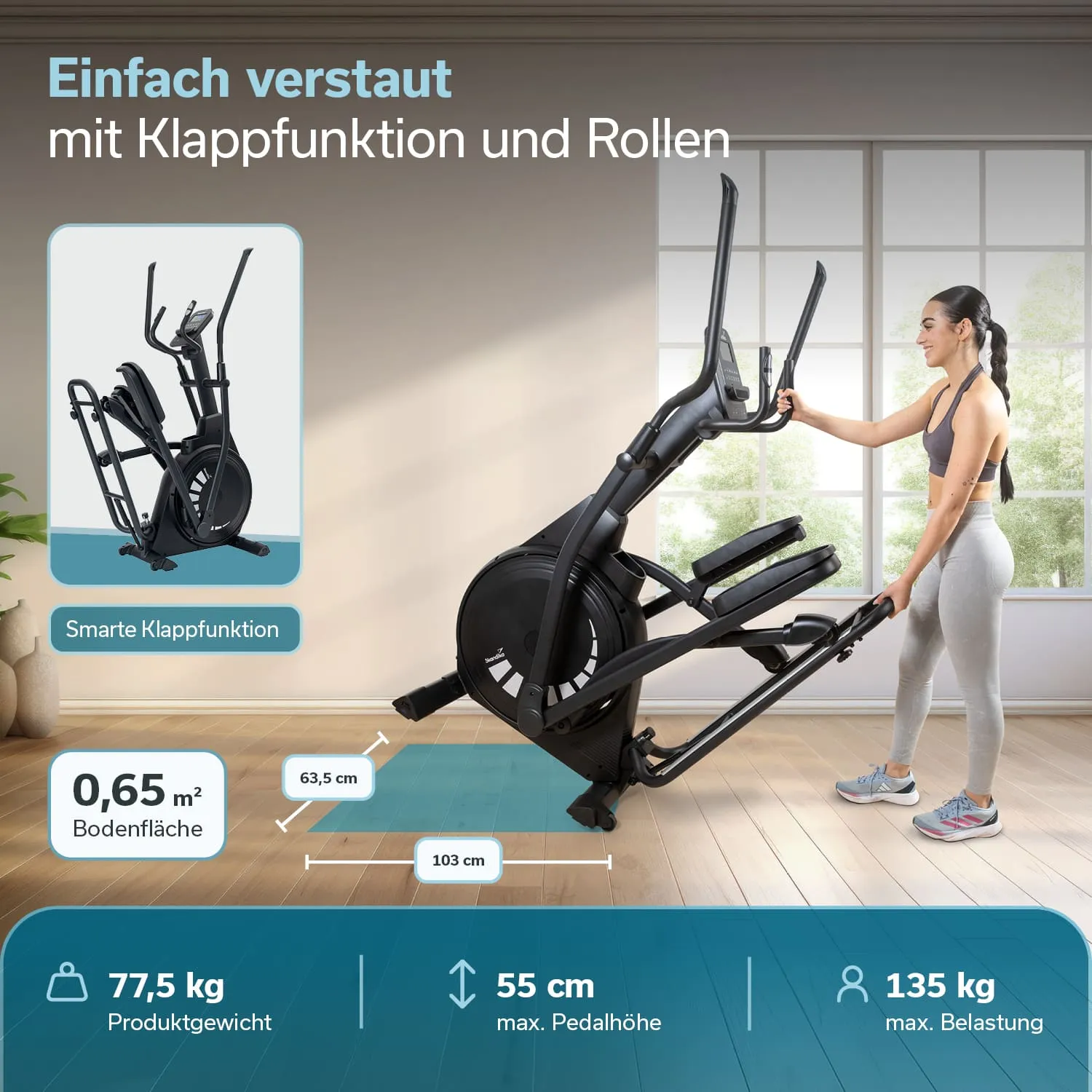 Ellipsentrainer mit Klappfunktion, der von einer Person geschoben wird. Hintergrund mit Fenstern und Holzfußboden.