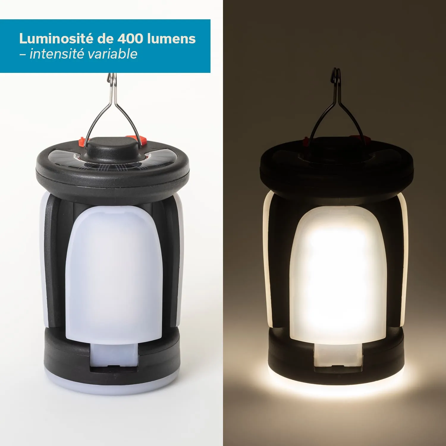 Taschenlampe in Schwarz und Weiß mit transparentem Lichtbereich, oben mit Aufhängering, auf hellen und dunklen Hintergründen.