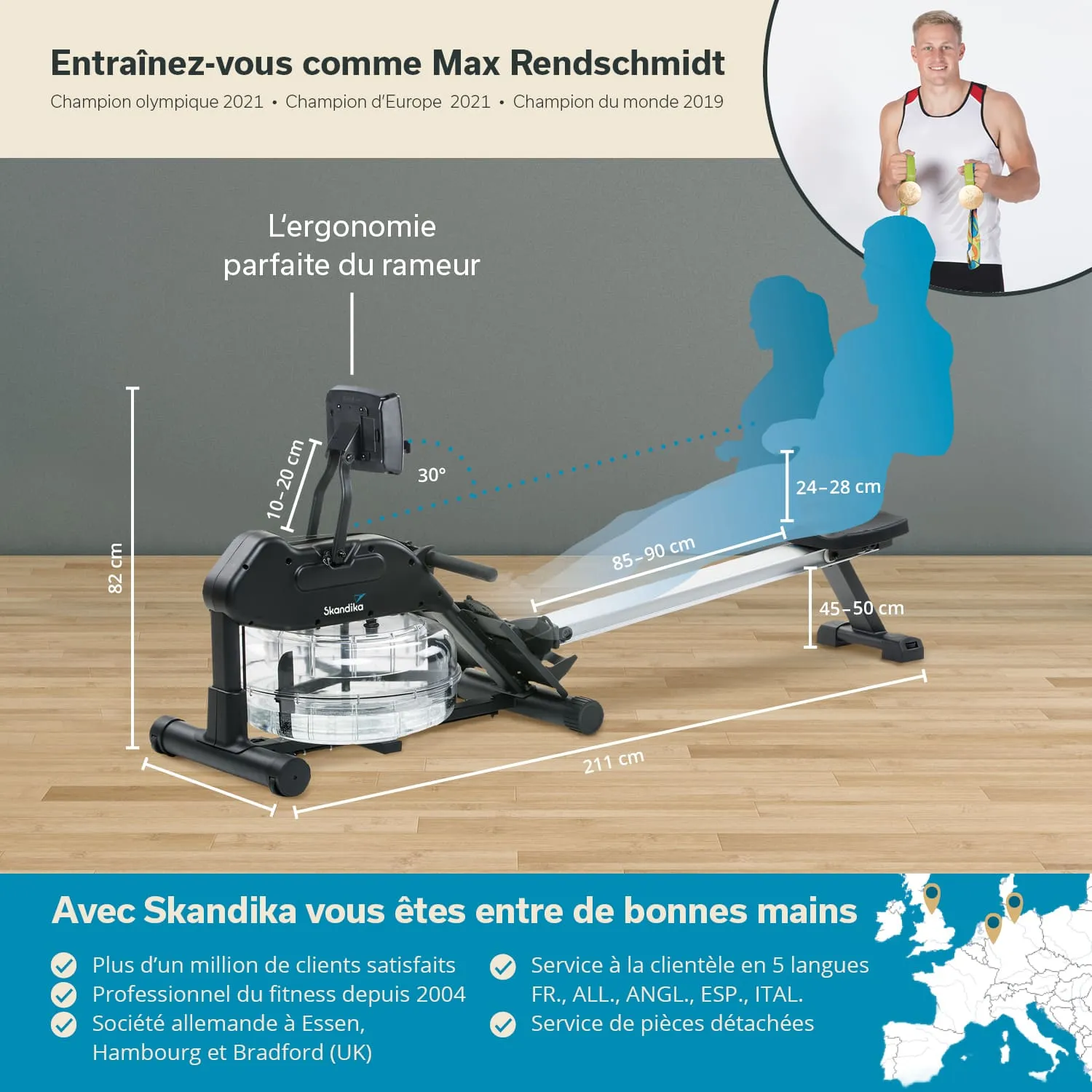 Ein Rudergerät mit einem großen Wassertank steht auf einem Holzfußboden. Maße und Ergonomie sind in der Grafik dargestellt.
