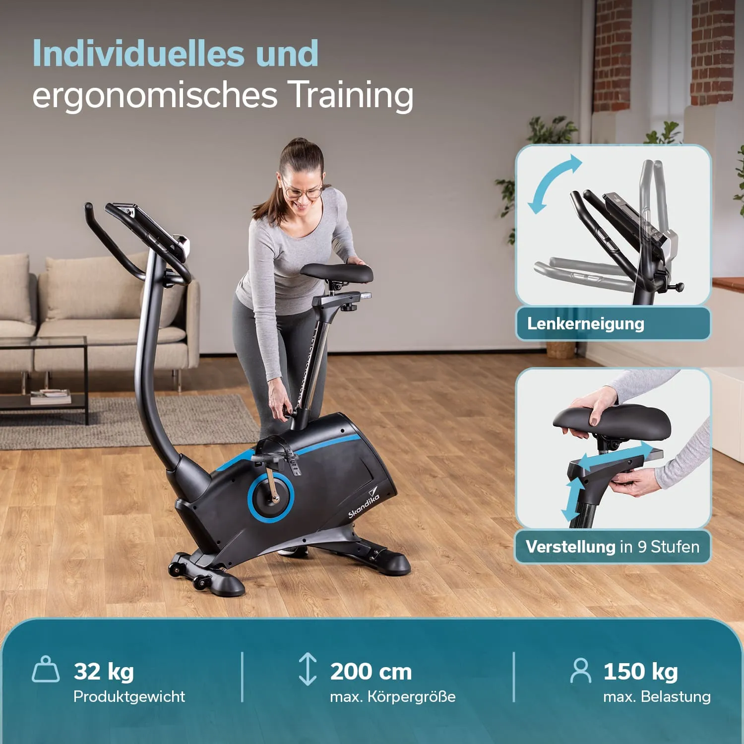 Ein ergonomisches Trainingsgerät mit einstellbarem Sattel, maximalem Benutzergewicht von 150 kg und maximaler Körpergröße von 200 cm.