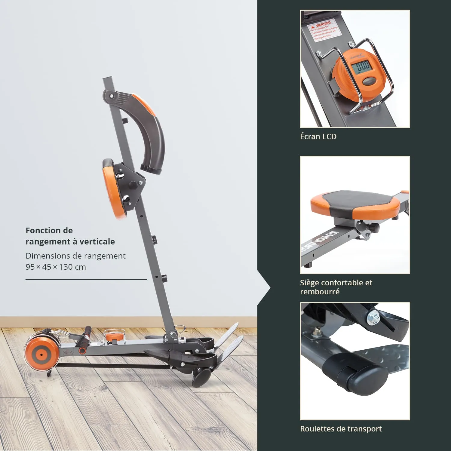 Fitnessgerät mit höhenverstellbarem Rahmen, LCD-Display, gepolstertem Sitz und Transportrollen auf holzähnlichem Boden.