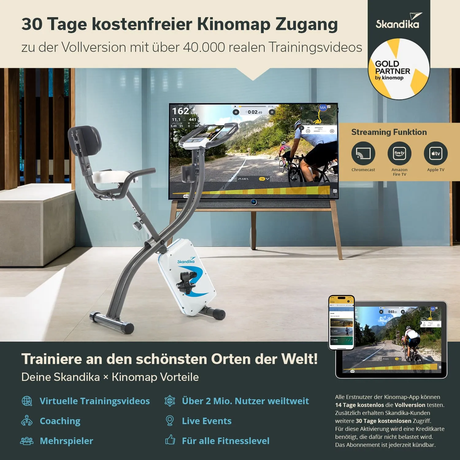 Fahrrad-Ergometer von Skandika vor einem Fernseher, der ein Trainingsvideo zeigt. Informationen zu Kinomap-Zugang und Vorteilen sind eingeblendet.
