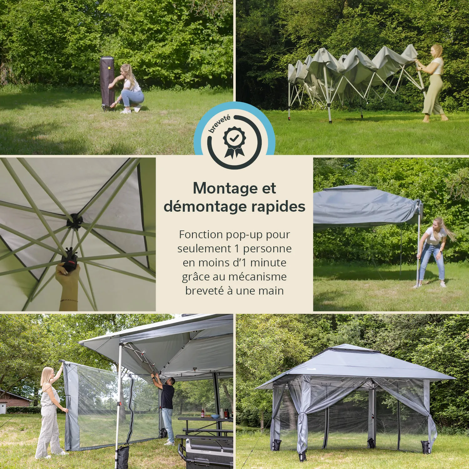Pop-up Pavillon in einer grünen Umgebung. Personen montieren und demontieren den Pavillon. Bereiche mit Netzvorhängen sichtbar.