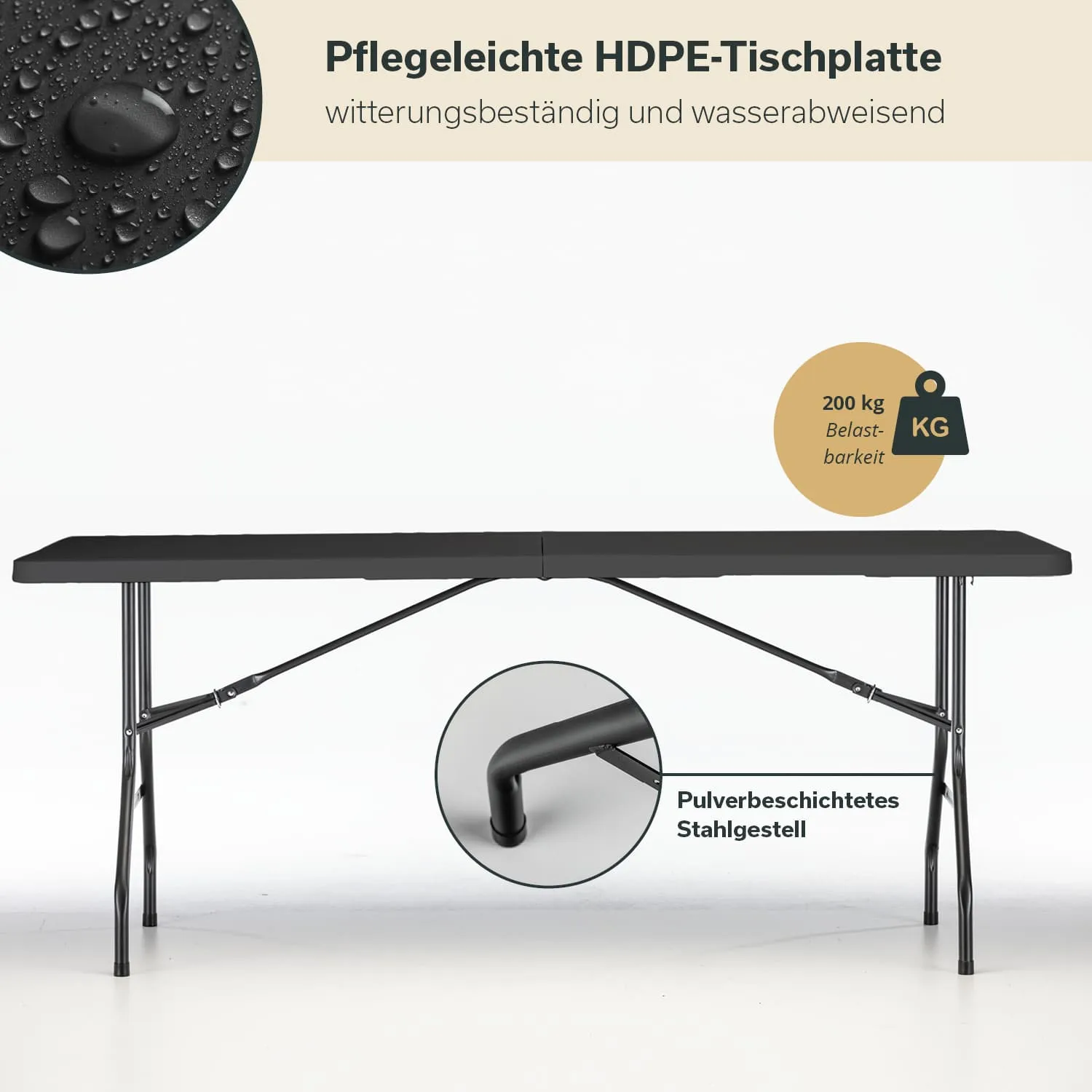 Schwarze HDPE-Tischplatte auf einem stabilen, pulverbeschichteten Stahlgestell. Detailansicht eines Tischbeins.