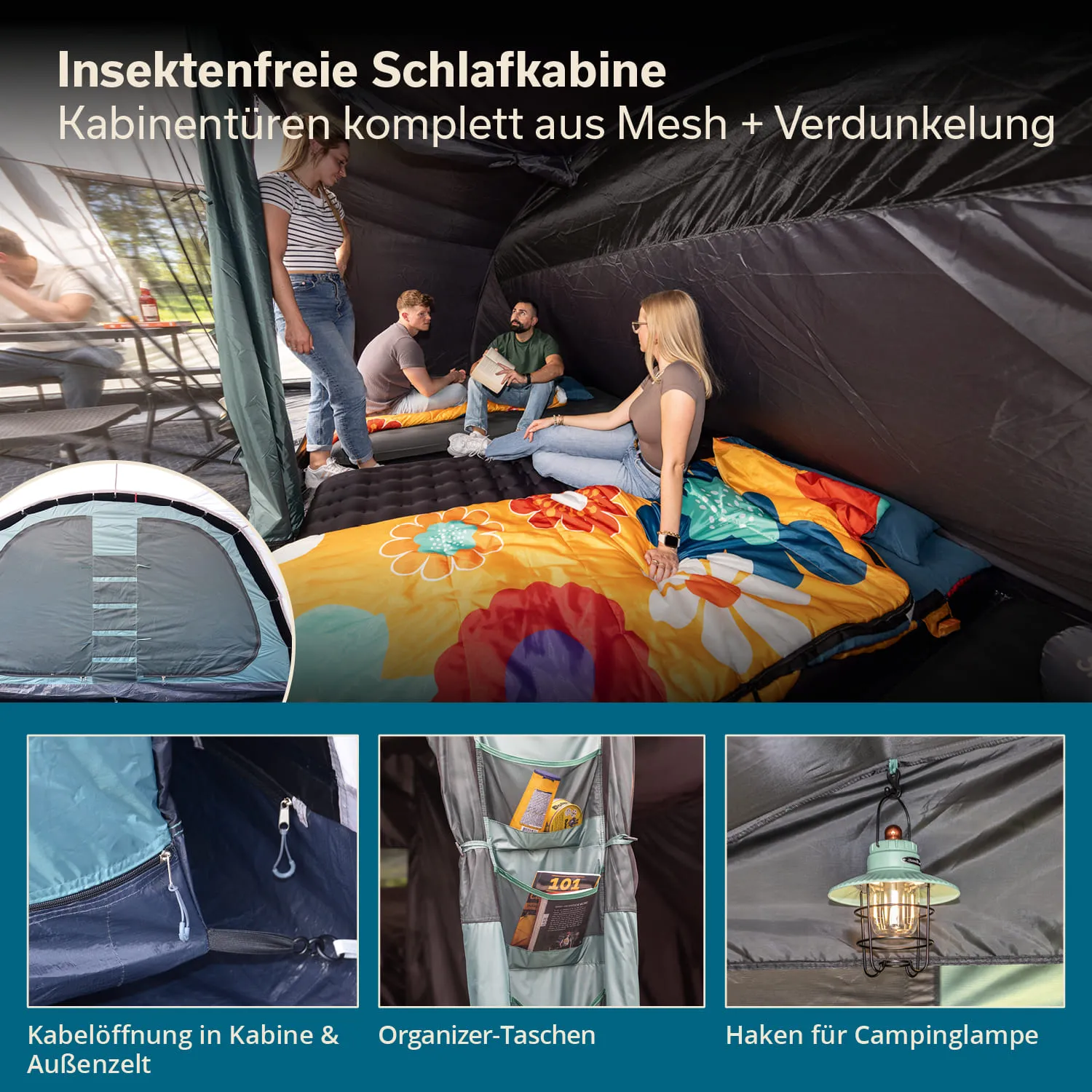 Insektenfreie Schlafkabine mit mehreren Personen auf bunten Schlafunterlagen. In unterem Bereich Details zu Kabelöffnung, Organizer-Taschen und Haken für Lampe.