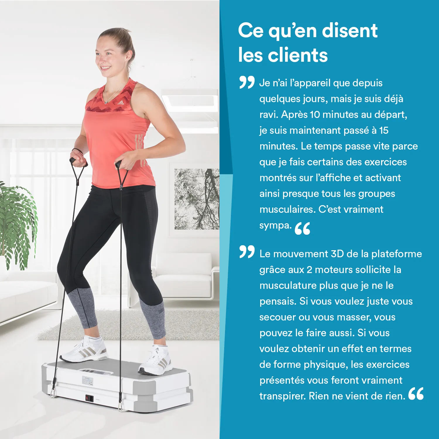 Eine Person steht auf einer Trainingsplattform und hält Widerstandsbänder in den Händen. Im Hintergrund ist eine helle, moderne Wohnung mit einem Pflanzelement zu sehen.