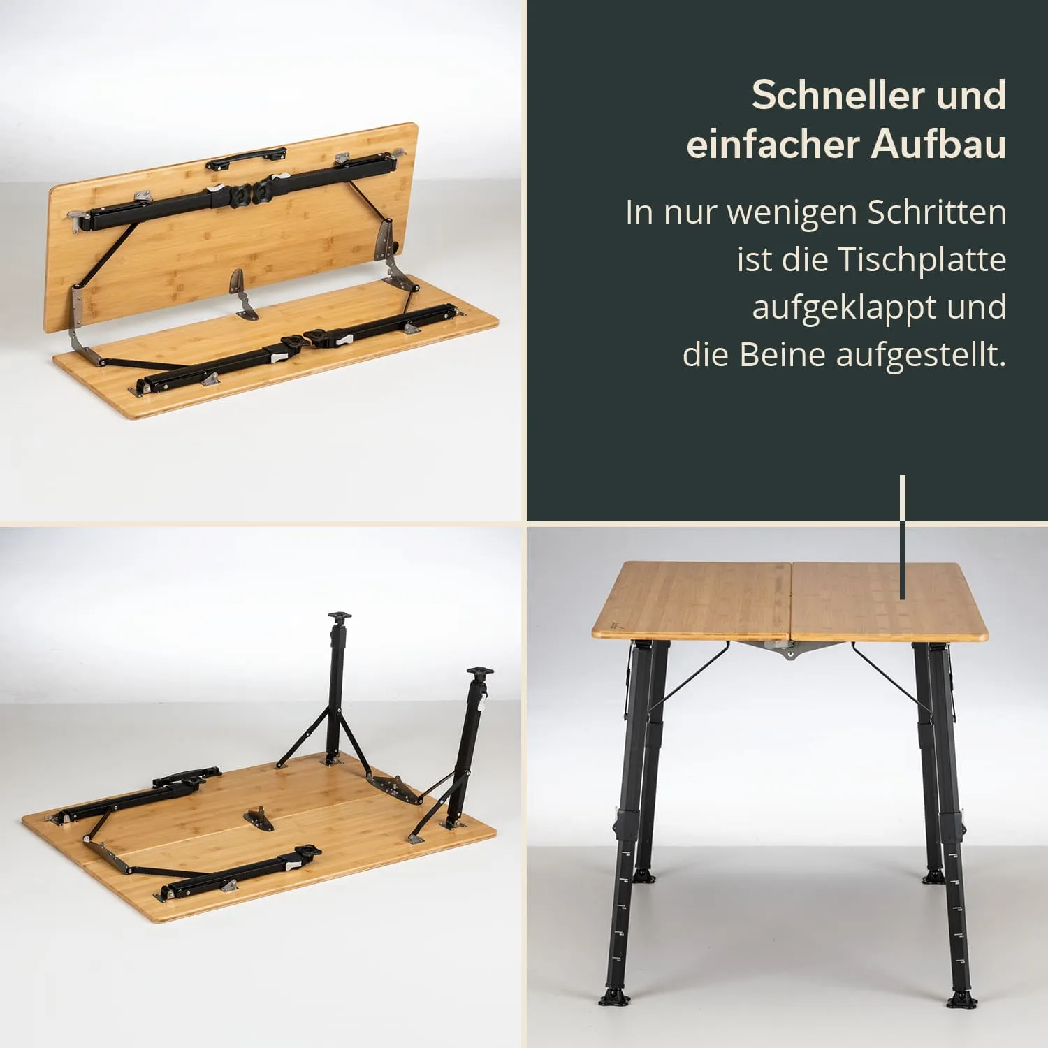 Klappbarer Tisch im Aufbau, bestehend aus einer Holzplatte und schwarzen Metallbeinen. Anleitung zum einfachen Aufstellen.
