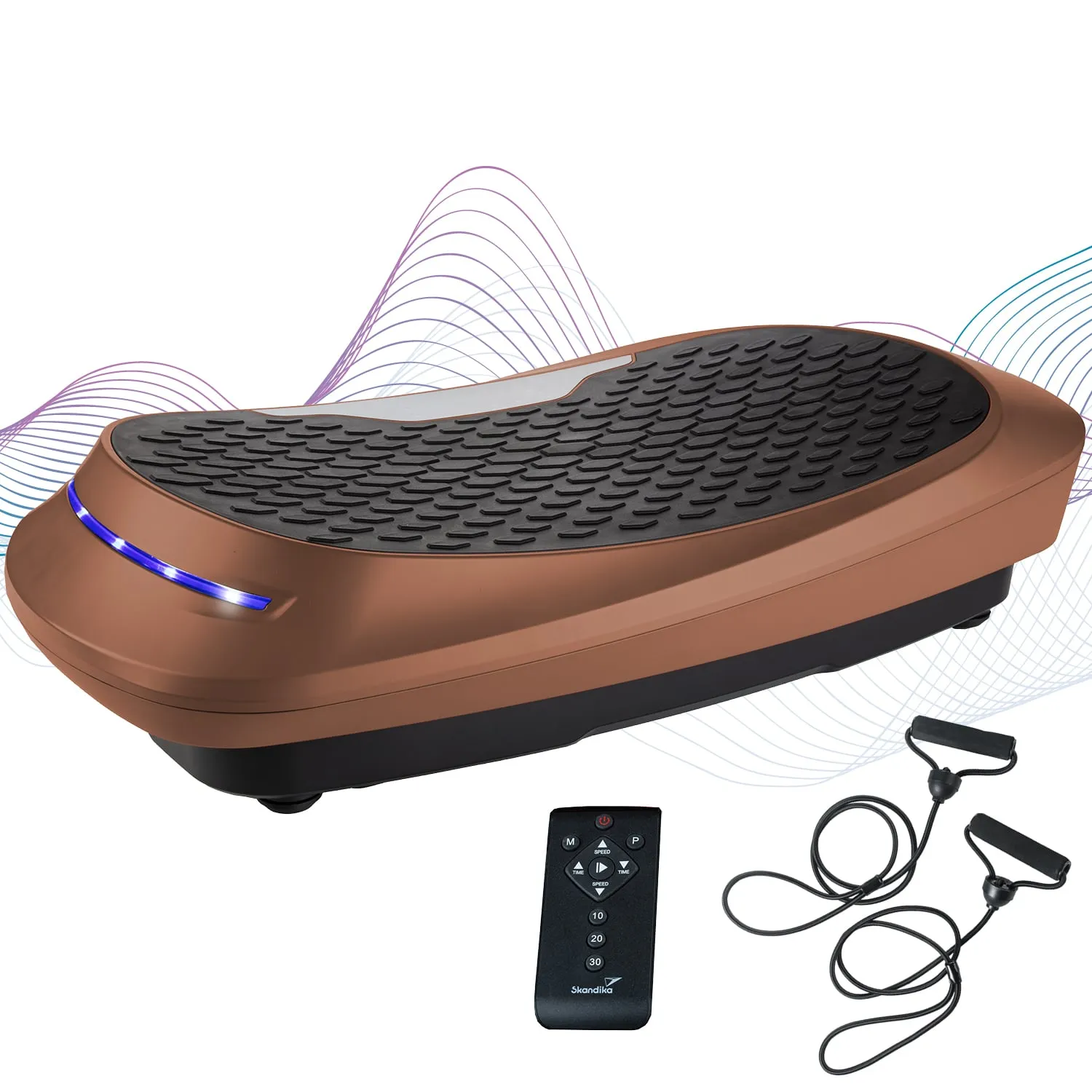 Ein vibrationsbasiertes Fitnessgerät in Brauntönen mit rutschfester Oberfläche, einer LED-Leiste und einem Handfernbedienung sowie zwei Widerstandsbändern.