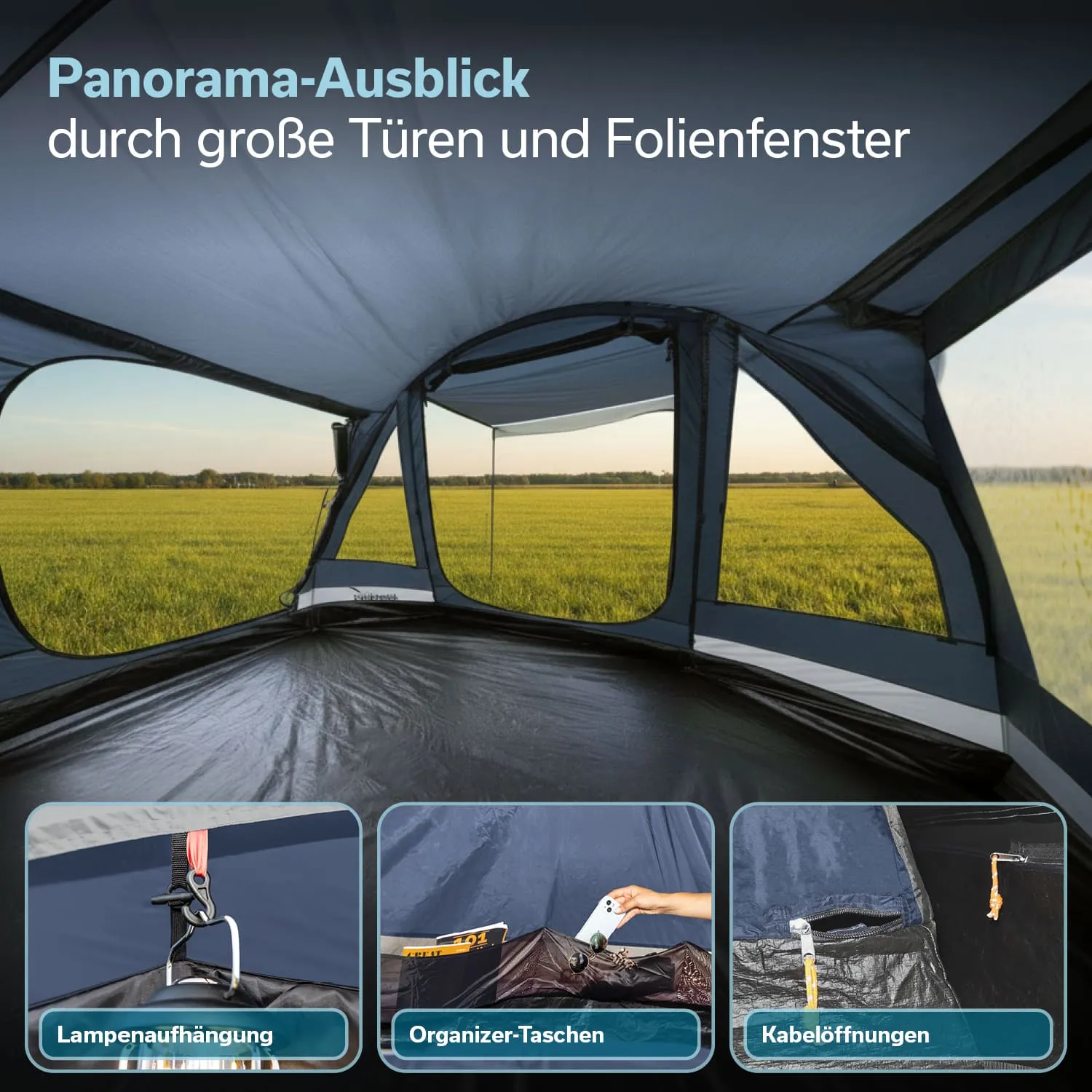 Innenansicht eines Zeltes mit großen Fenstern und Türen. Draußen ist ein grünes Feld sichtbar. Zusätzliche Elemente wie Lampe, Organizer-Taschen und Kabelöffnungen sind erkennbar.
