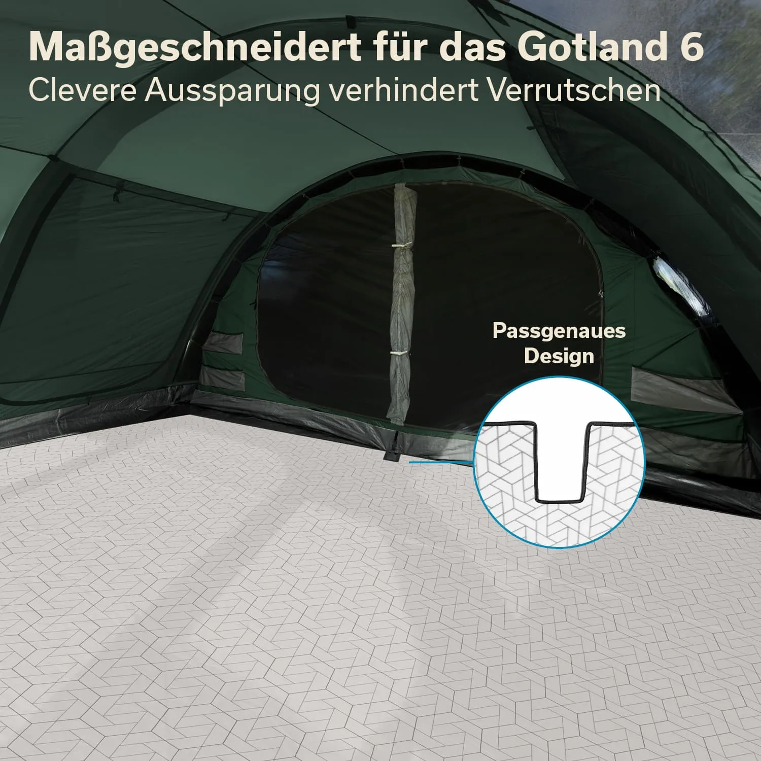 Grüner Zeltinnenraum mit einem Musterboden. Im Hintergrund eine große Öffnung. Inset zeigt Bodenmuster und Designdetails.