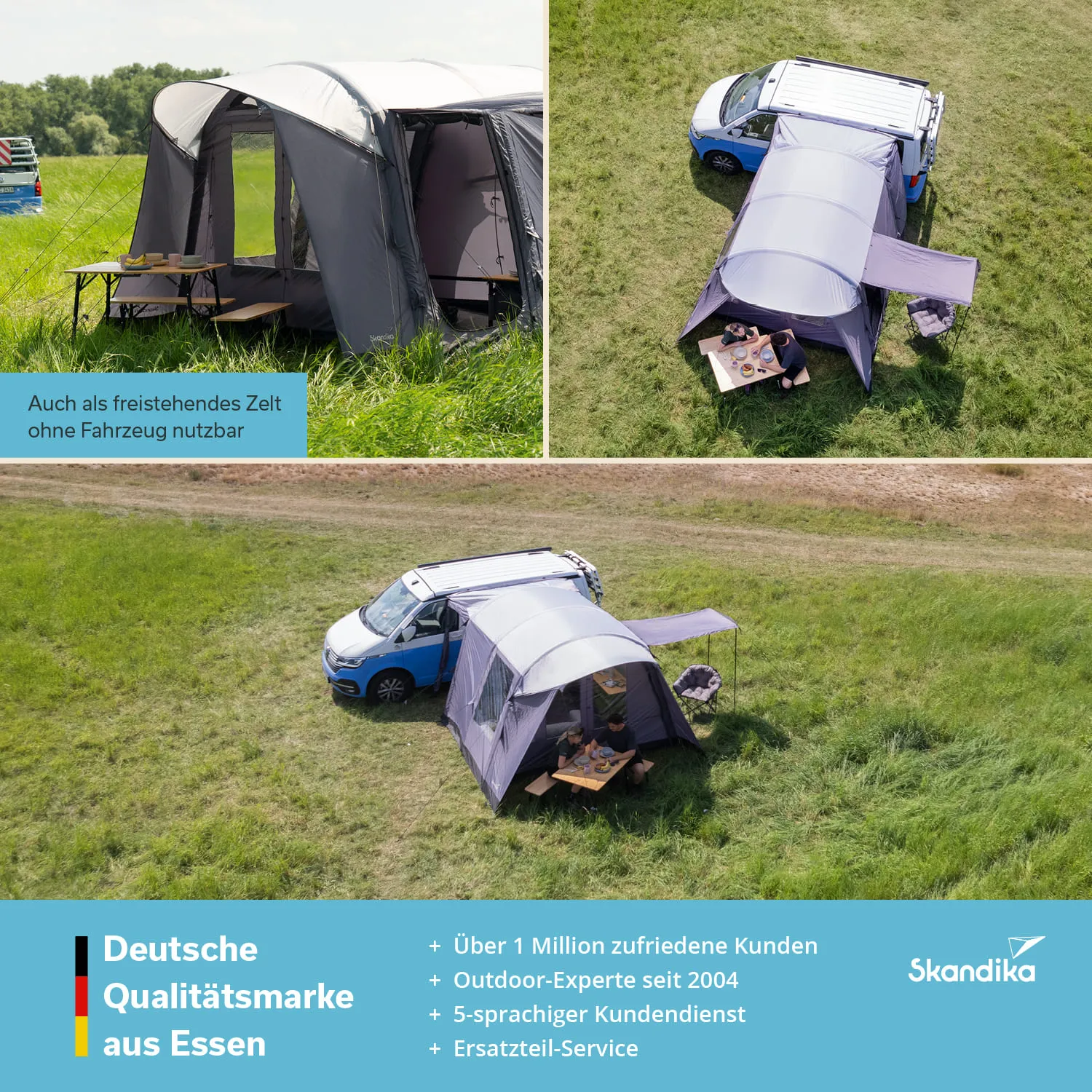 Zelt in einem grünen Feld, verbunden mit einem Fahrzeug. Tisch, Stühle und Schattenbereich sichtbar. Teilen von Informationen.