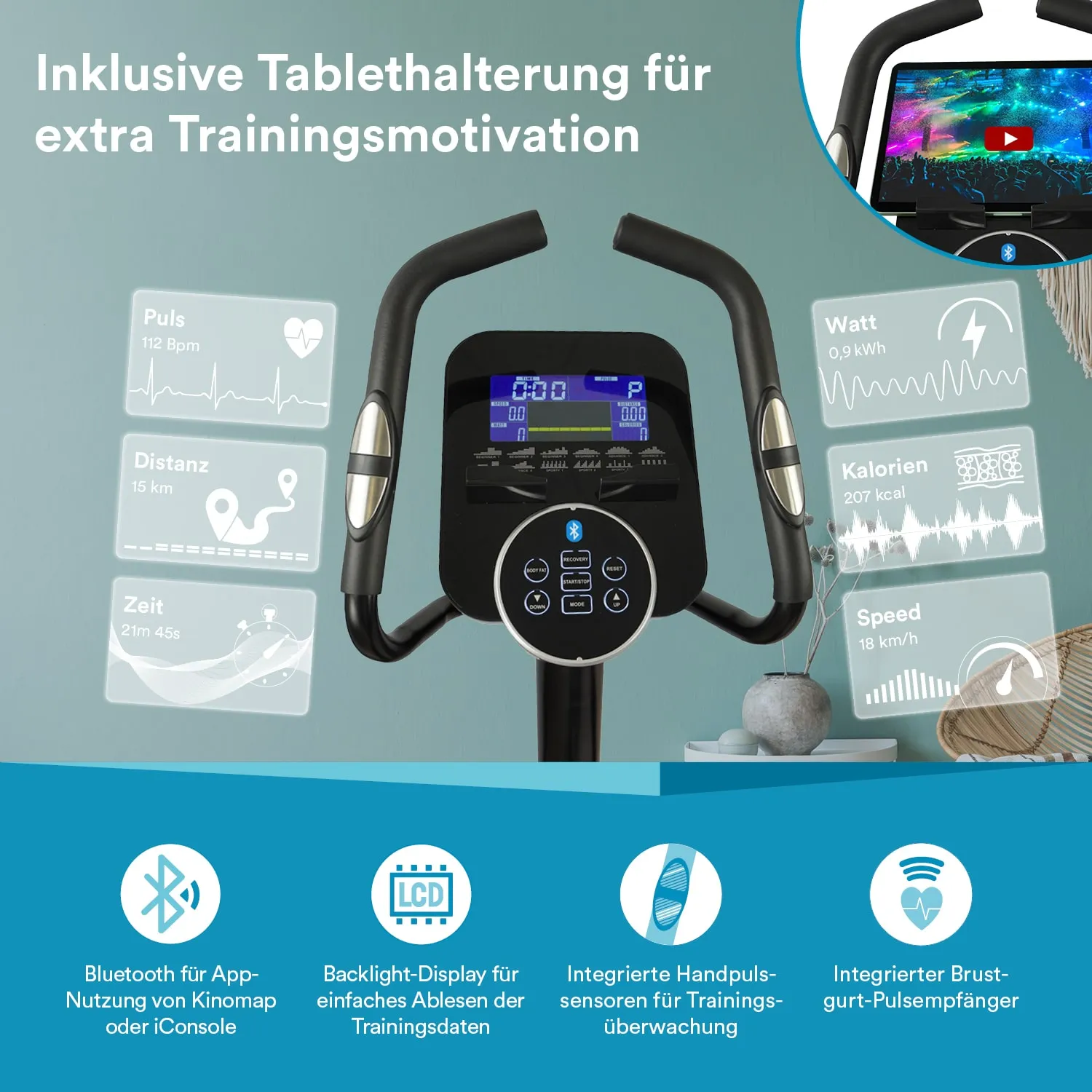 Trainingsgerät mit Display, das Puls, Distanz, Zeit, Watt, Kalorien und Geschwindigkeit anzeigt. Tablet-Halterung vorhanden.