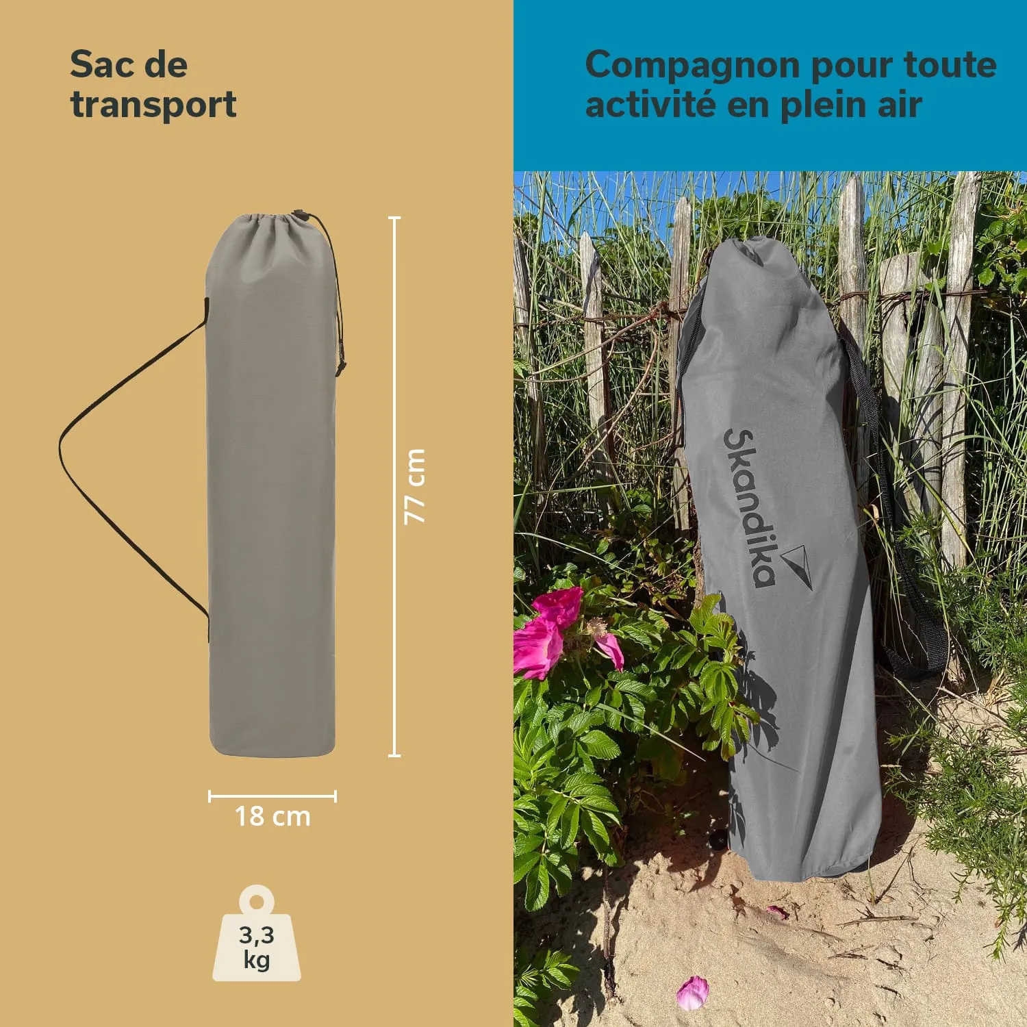 Grauer Transportbeutel, 77 cm hoch und 18 cm breit, mit der Aufschrift "Skandika", vor einem Zaun und Pflanzen.