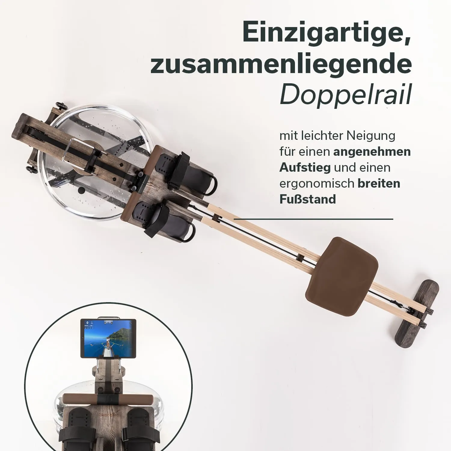 Wassertretgerät mit transparentem Tank, Holzrahmen und verstellbarem Sitz, ergänzt durch Halterung für ein Gerät.
