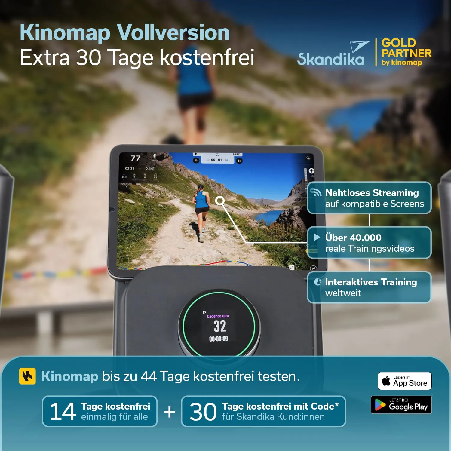 Anzeige für Kinomap Vollversion mit Informationen zu kostenfreien Testangeboten, Trainingsvideos und interaktivem Training. Bildschirm zeigt eine laufende Person in einer Naturlandschaft.