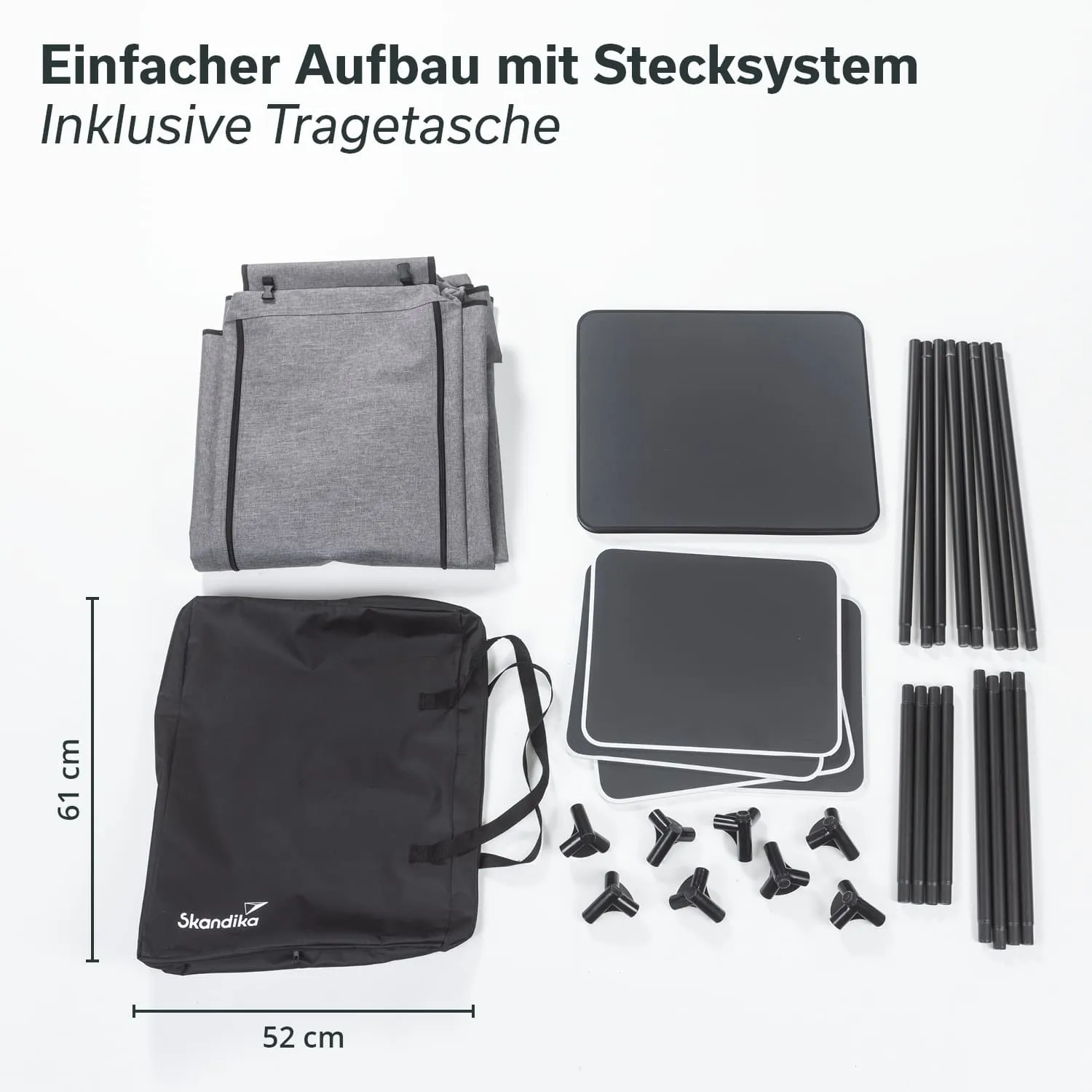 Auf dem Bild sind verschiedene Elemente eines Aufbausystems zu sehen. Dazu gehören gefaltete Textilien, zwei quadratische Tischplatten, mehrere schwarze Rohre, Verbindungsteile und eine Tragetasche mit Logo. Die Maße sind 61 cm und 52 cm.
