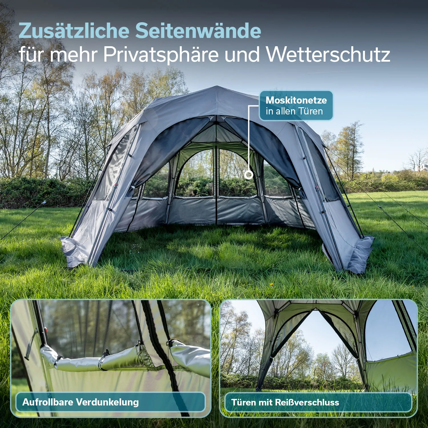 Zelt mit zusätzlichen Seitenwänden auf einer Wiese, belichtet von Sonnenlicht. Mückennetze in den Türen sichtbar.