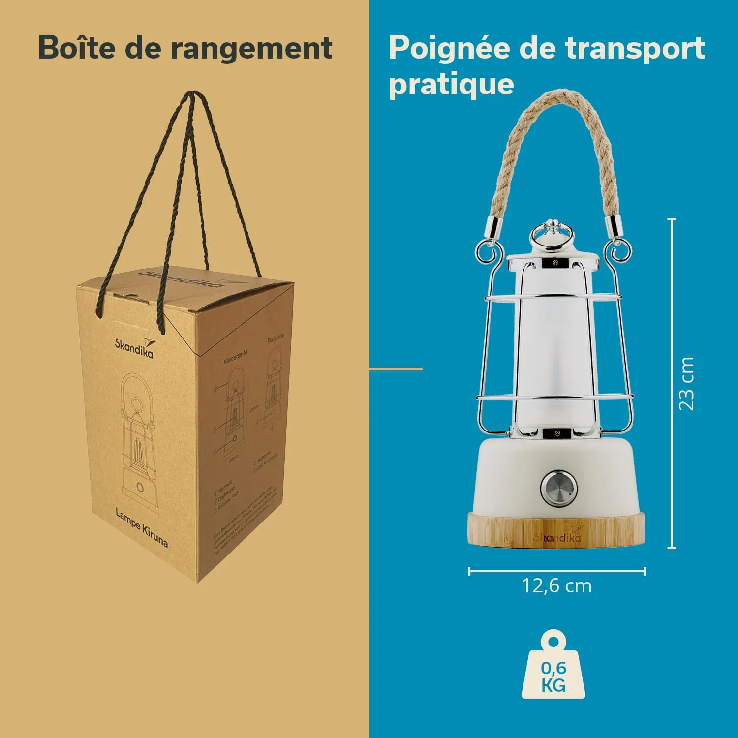 Verpackungsbox für eine Lampe auf der linken Seite, rechts eine Lampe mit Tragegriff. Maße und Gewicht angezeigt.