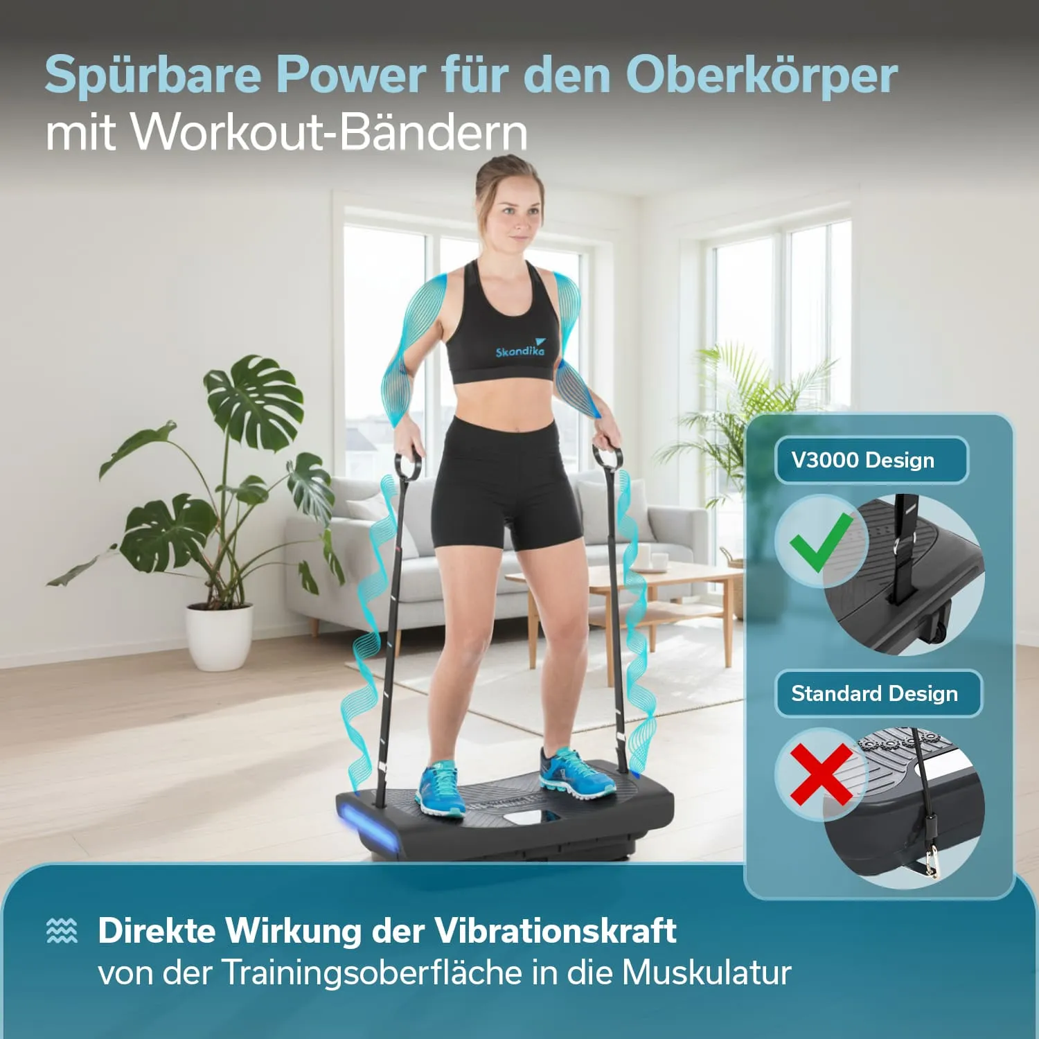 Person steht auf einem Vibrationsgerät in einem modernen Raum. Sie trägt Sportkleidung und hält Workout-Bänder. Pflanzen und Fenster im Hintergrund.