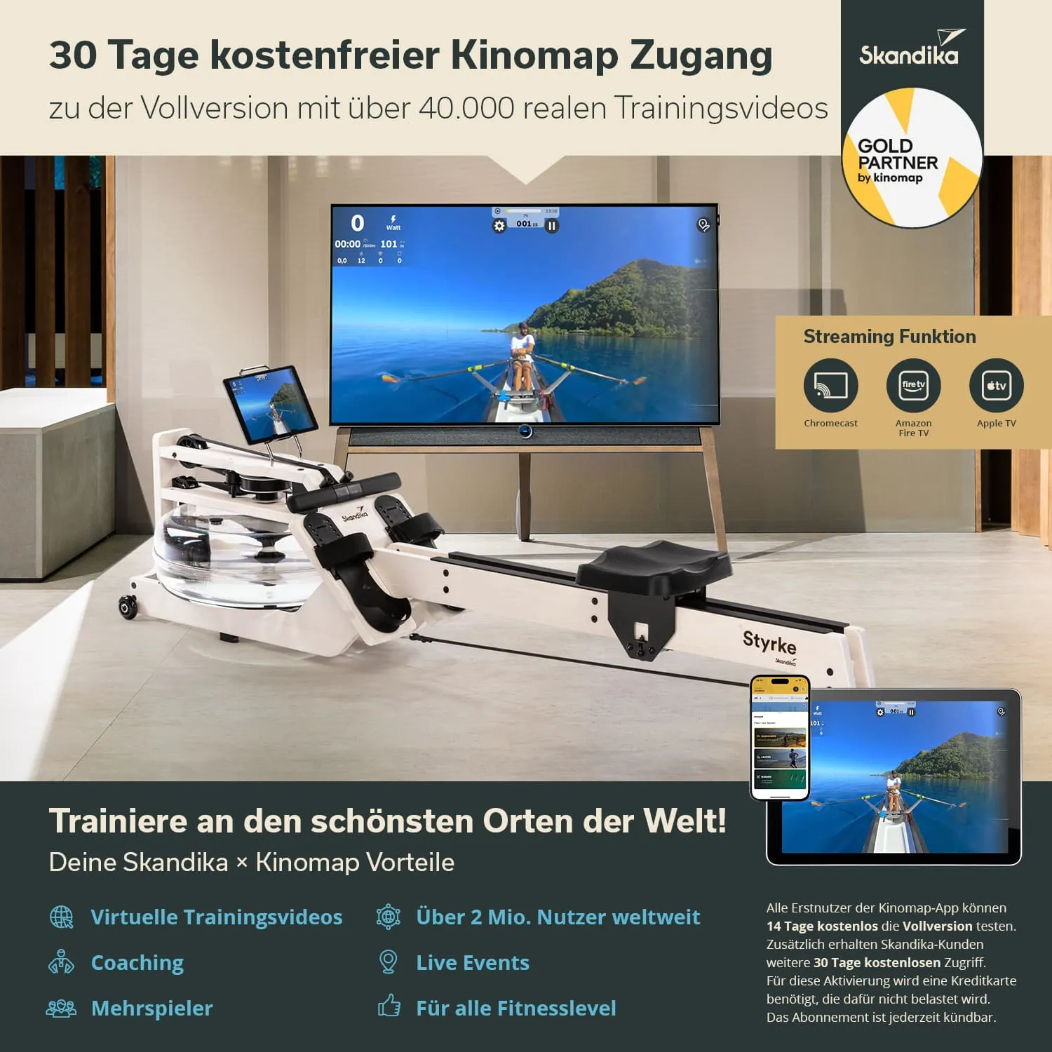 Rudergerät mit Wasserresistenz steht vor einem Fernseher, der ein Trainingsvideo zeigt. Texte informieren über Kinomap-Vorteile.