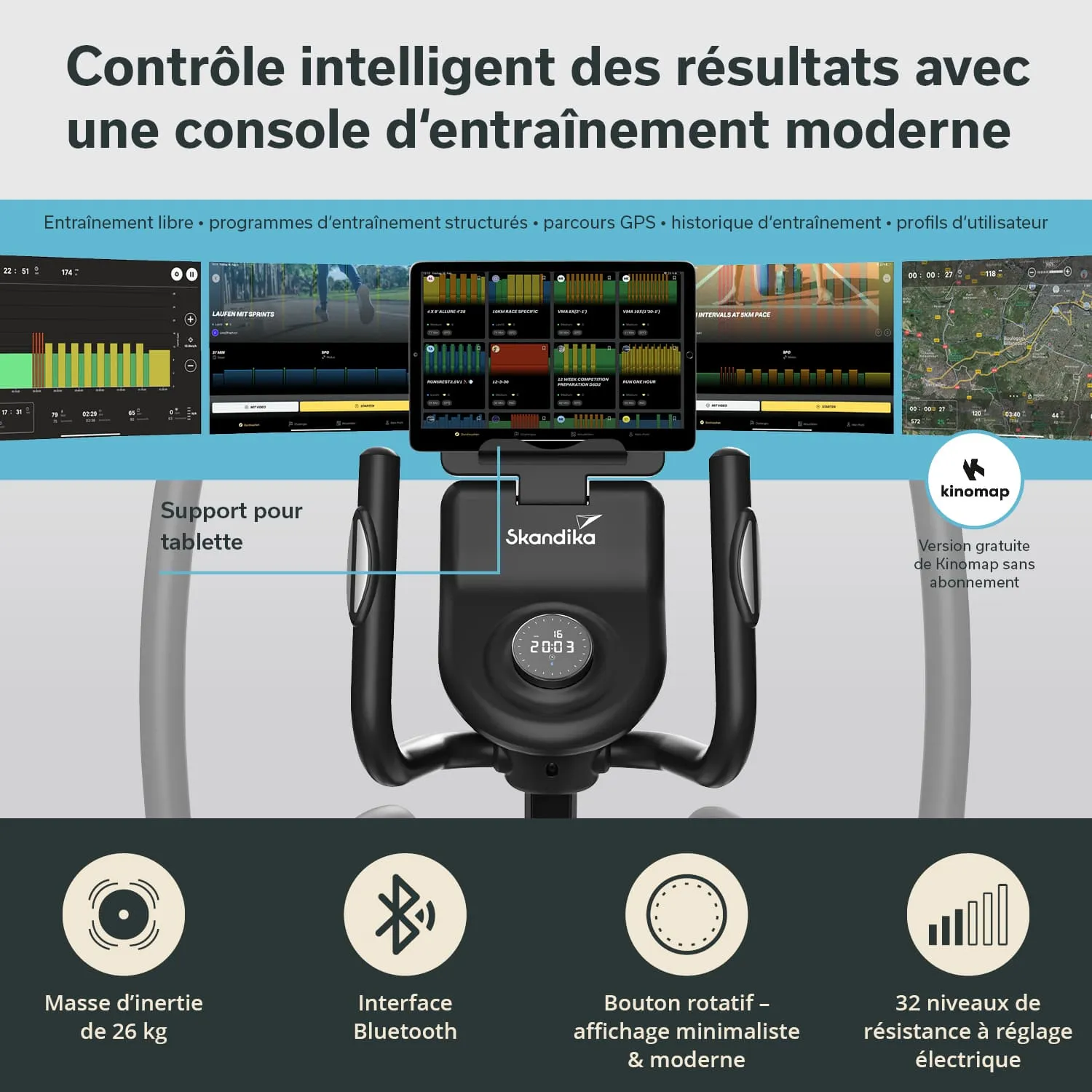 Fitnessgerät mit Konsole, Tablet-Halterung und Display. Anzeigen für Trainingsergebnisse und Bluetooth-Schnittstelle.
