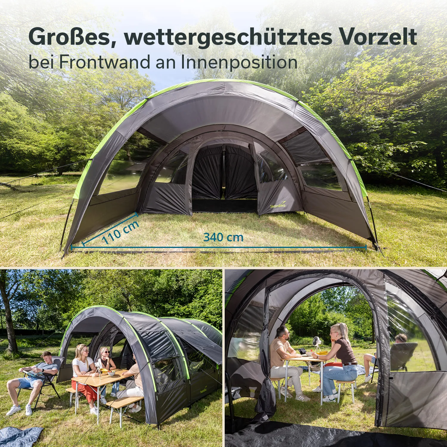 Zelt mit abgerundetem Dach und großen Fenstern, umgeben von Rasen und Bäumen. Menschen sitzen am Tisch.