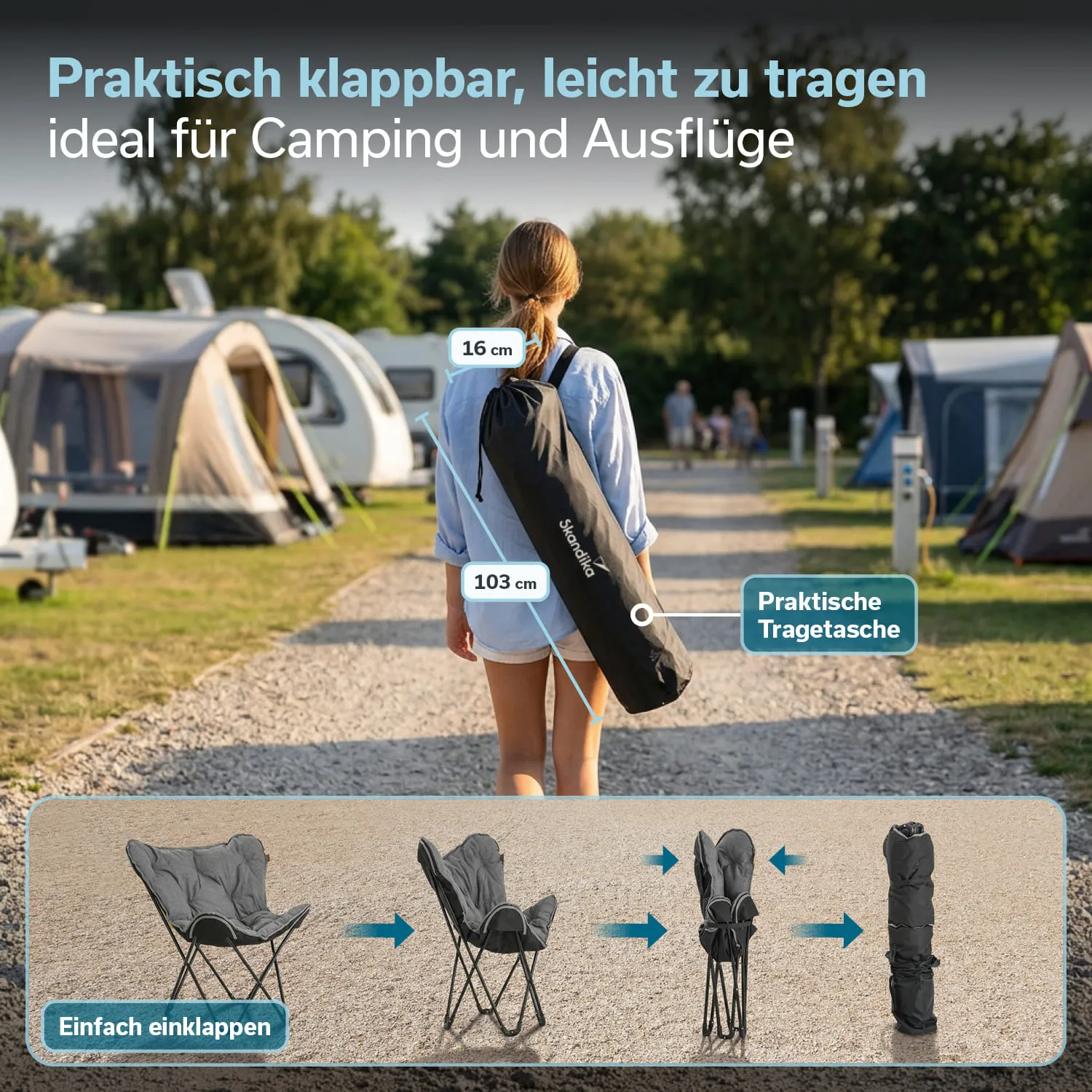 Schwarze Tragetasche mit einer Person, die sie trägt, vor einem Campingplatz mit Zelten. Anweisungen zur Klappbarkeit eines Stuhls sind abgebildet.