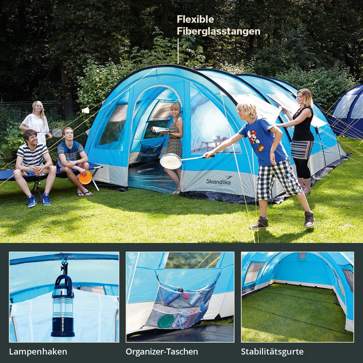 Zelt in Blau- und Grautönen auf einer Wiese, umgeben von Personen. Detailansichten von Lampenhaken, Organizer-Taschen und Stabilitätsgurten.