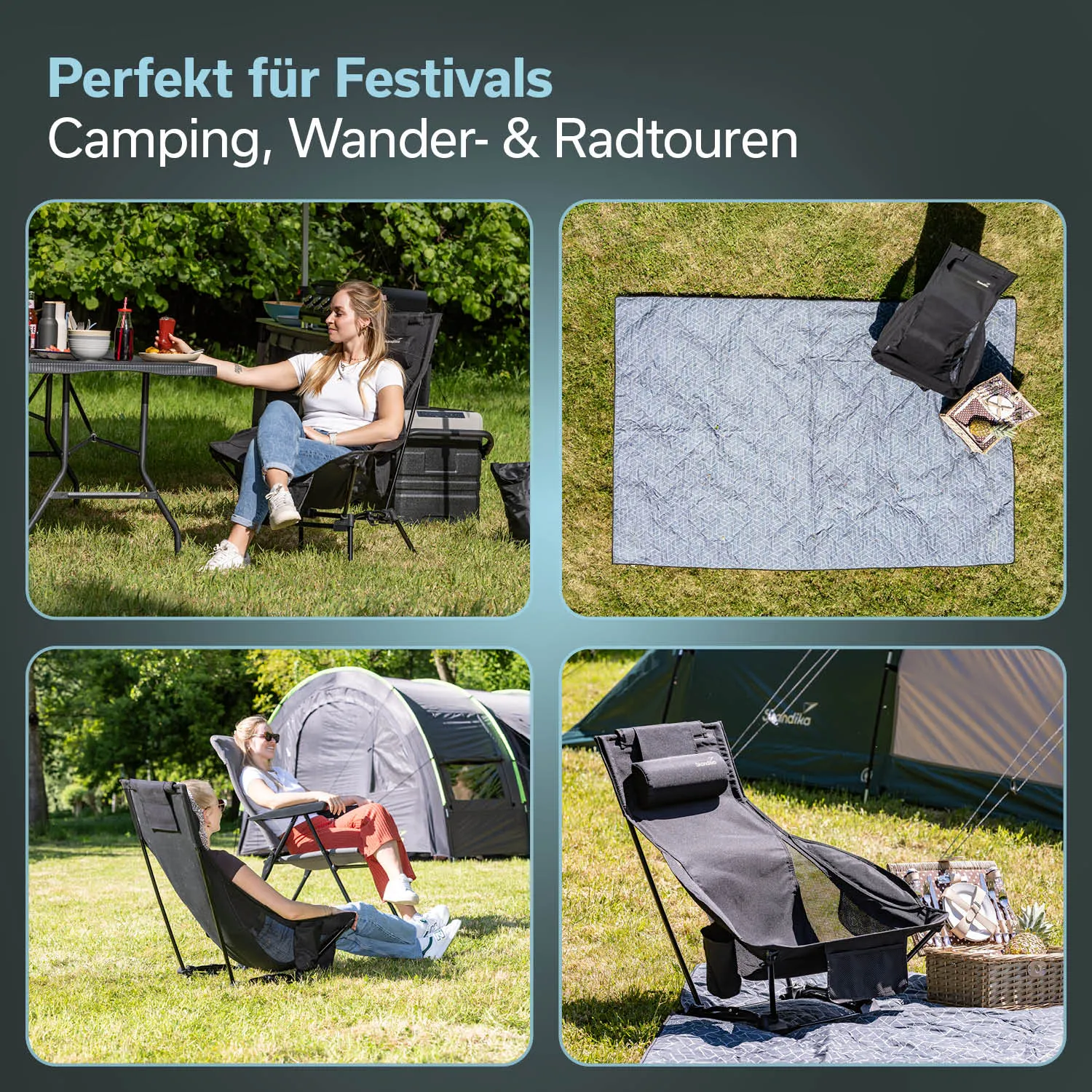 Landschaft mit zwei Personen in Gartenstühlen, eine am Tisch mit Essen. Eine Picknickdecke und ein Zelt sind sichtbar.