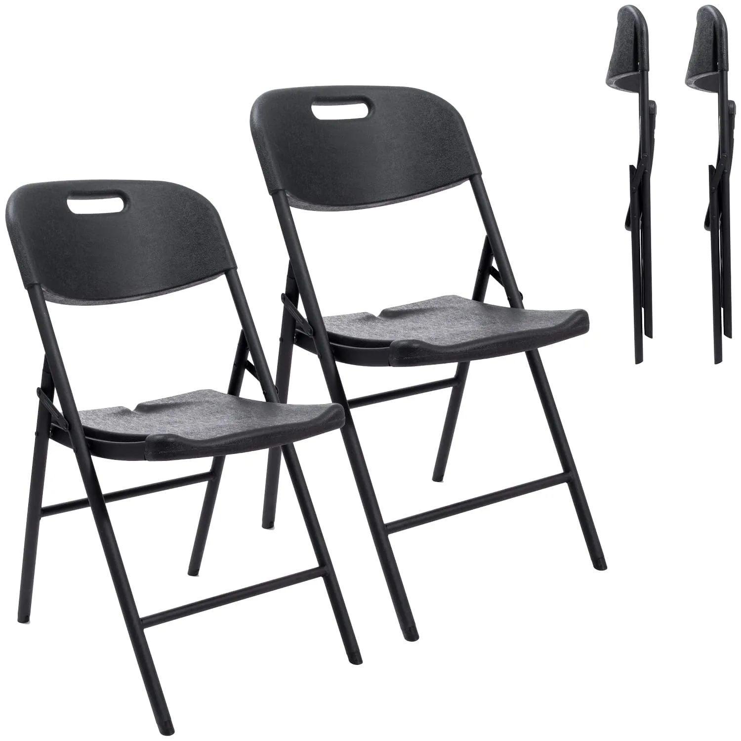 Zwei faltbare schwarze Stühle mit grauen Sitzflächen, neben zwei zusammengeklappten Stühlen dargestellt.