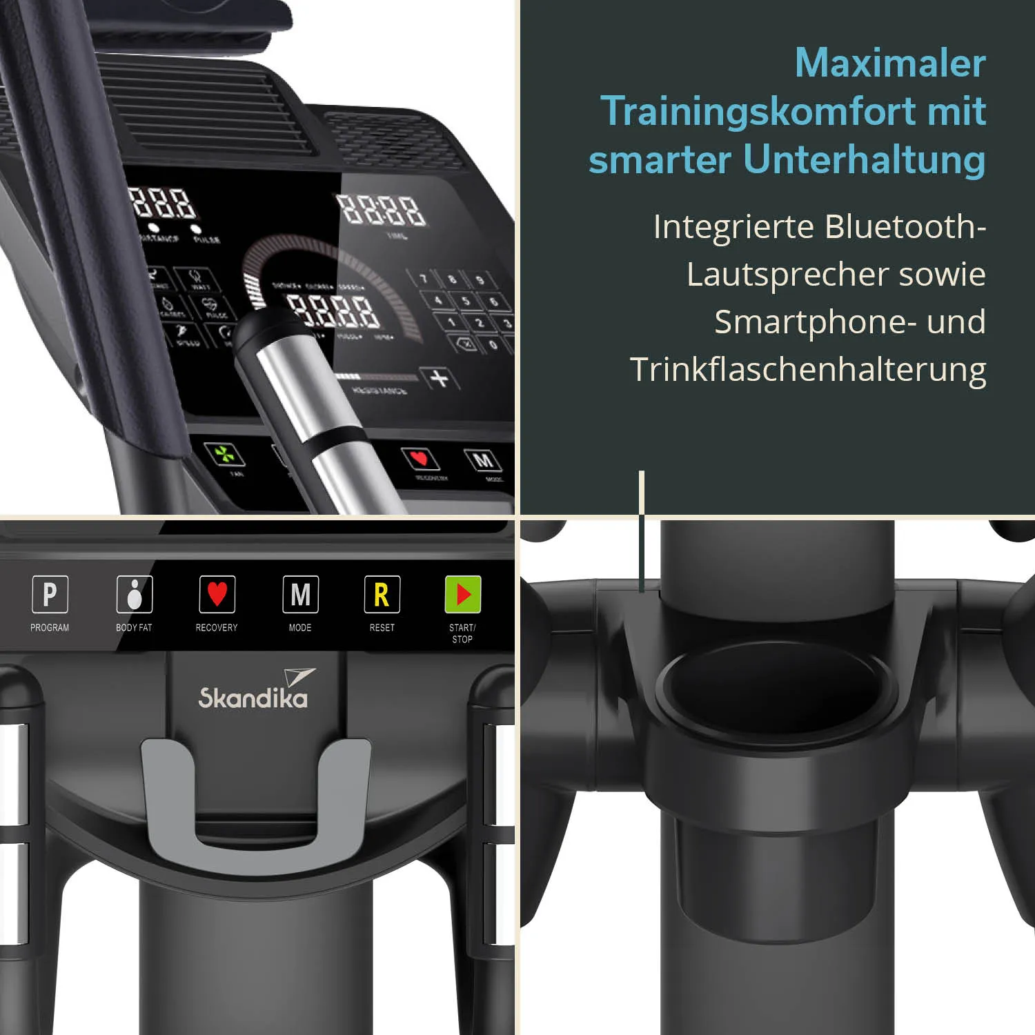 Trainingsgerät mit Display, Bedienelementen, Bluetooth-Lautsprechern, Smartphone- und Trinkflaschenhaltern.
