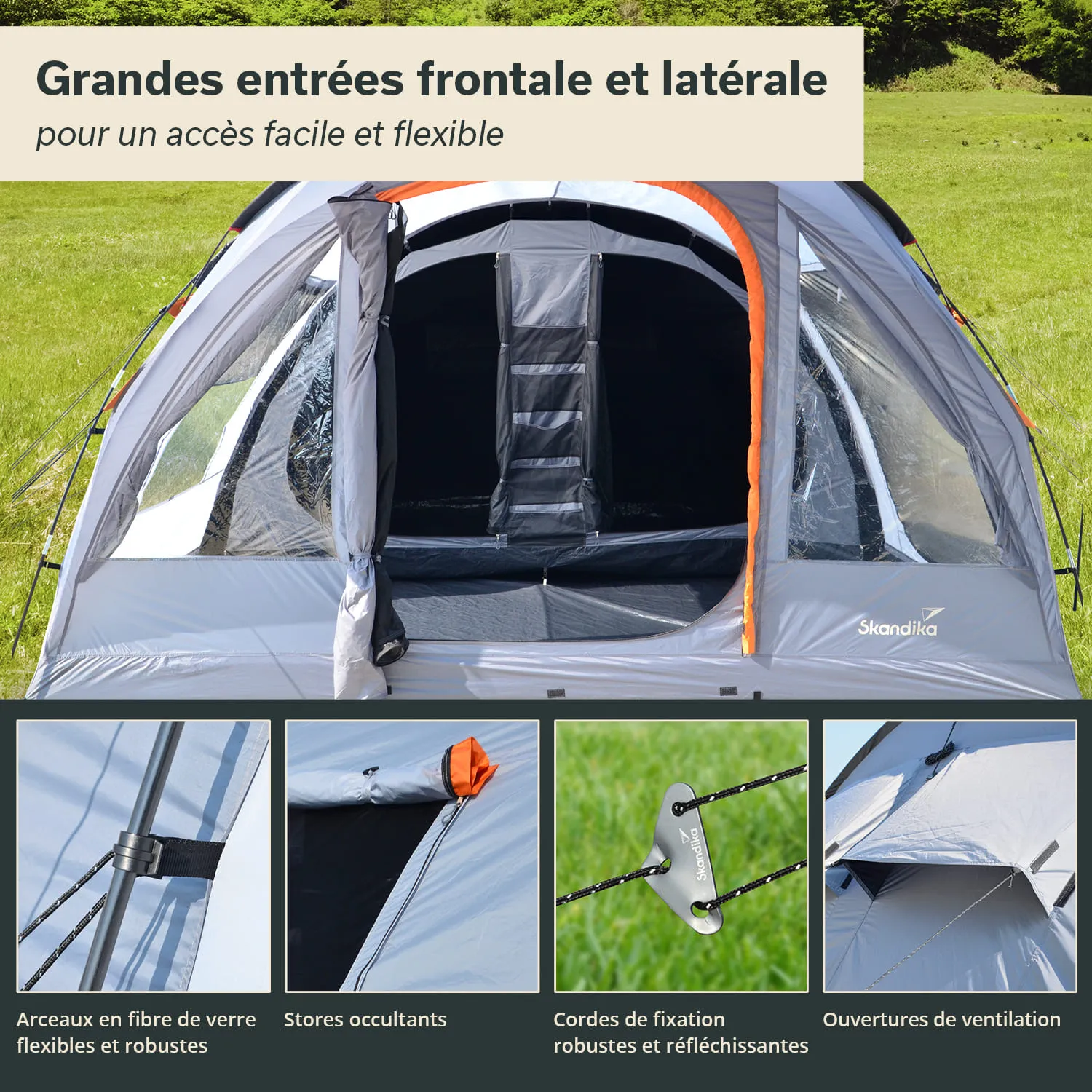 Zelt mit großen Eingängen und Fenster, abgebildet auf einer grünen Wiese. Teile des Zeltes sind detailliert dargestellt.