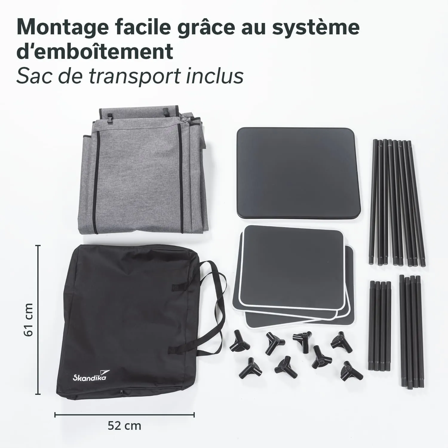 Zusammenstellung von Campingmöbeln: Zwei graue Taschen, zwei Tischplatten, mehrere schwarze Rohre und Montageelemente, inkl. Tragetasche.