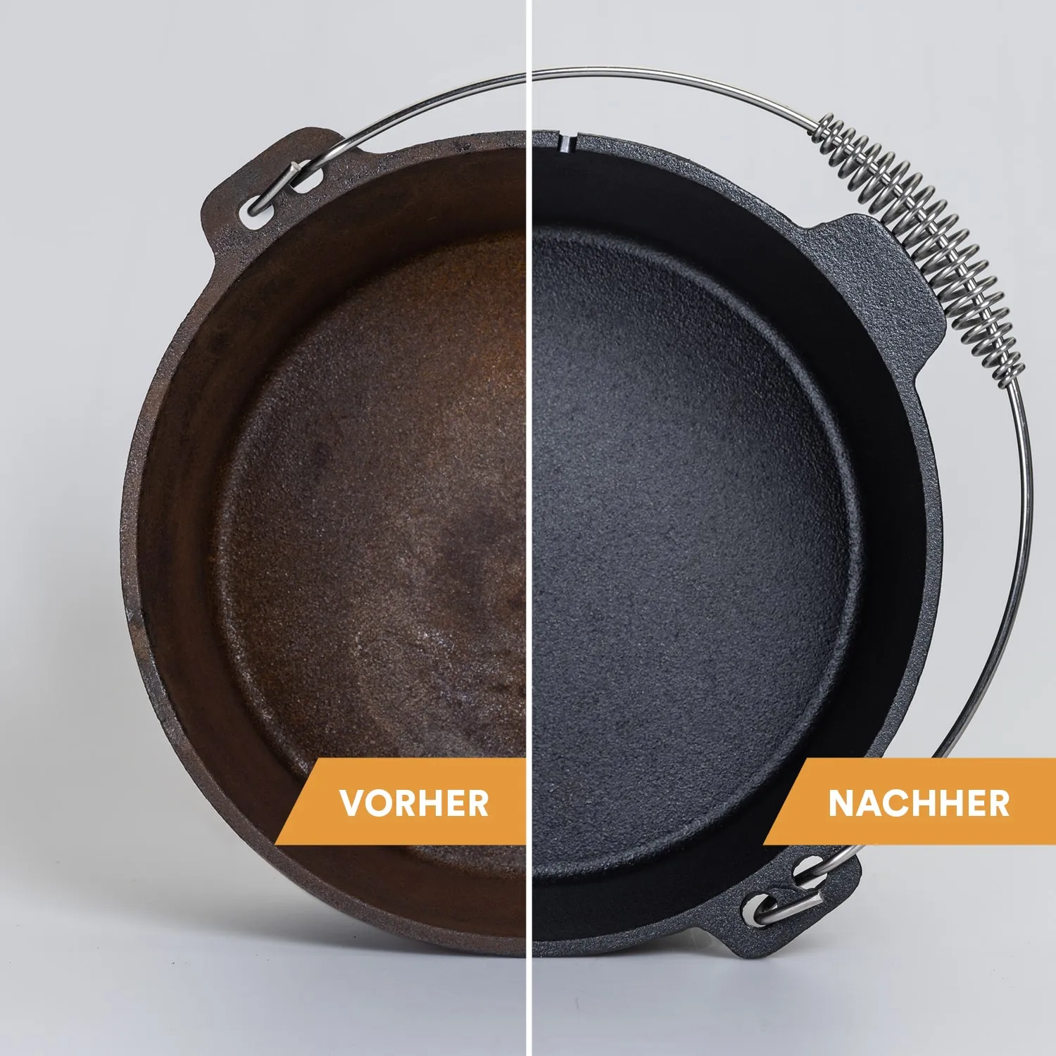 Gusseiserner Topf in zwei Hälften geteilt: links rostig und abgenutzt, rechts schwarz und sauber. Oben mit einem Metallgriff.